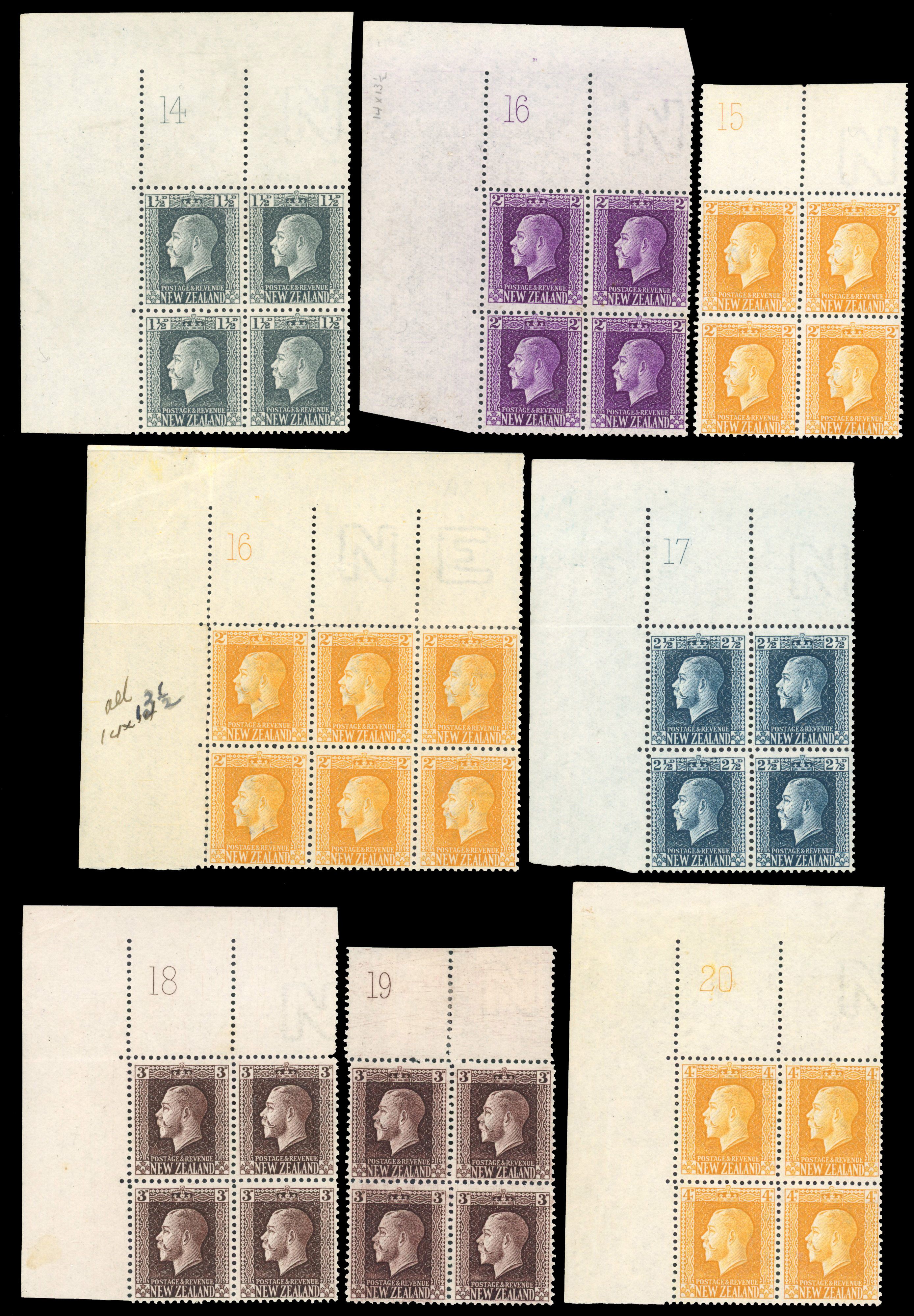 New Zealand SG 416/30c 1915-30 plate block range mint