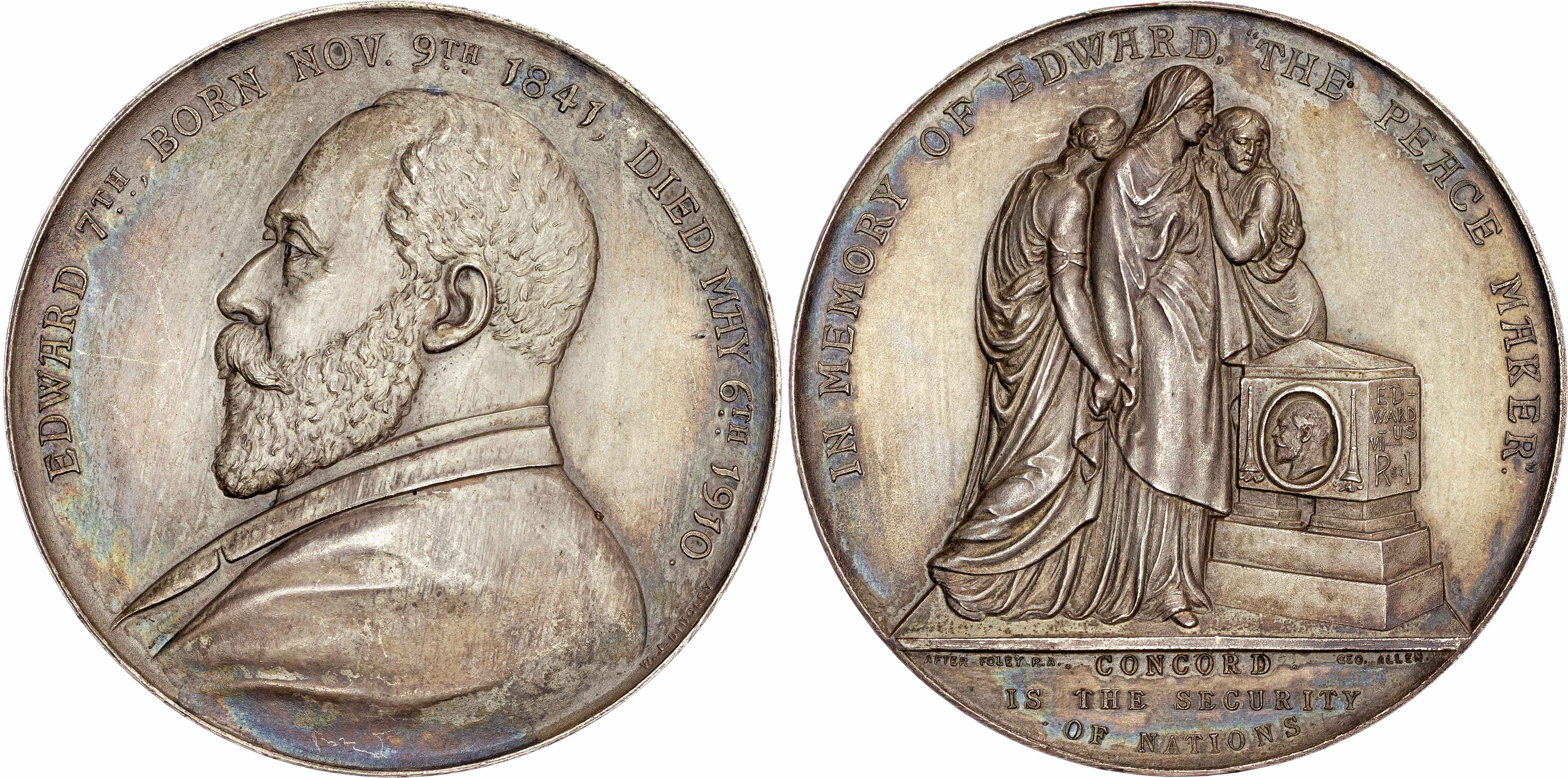 Edward VII 1902-1910, Death 1910, Silver plated medal by W J Dingley and G Allen.