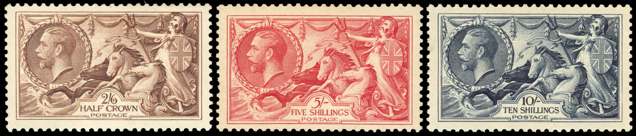 1934 2s6d, 5s and 10s re-engraved seahorses set of 3, fine unmounted o.g. SG 450/452
