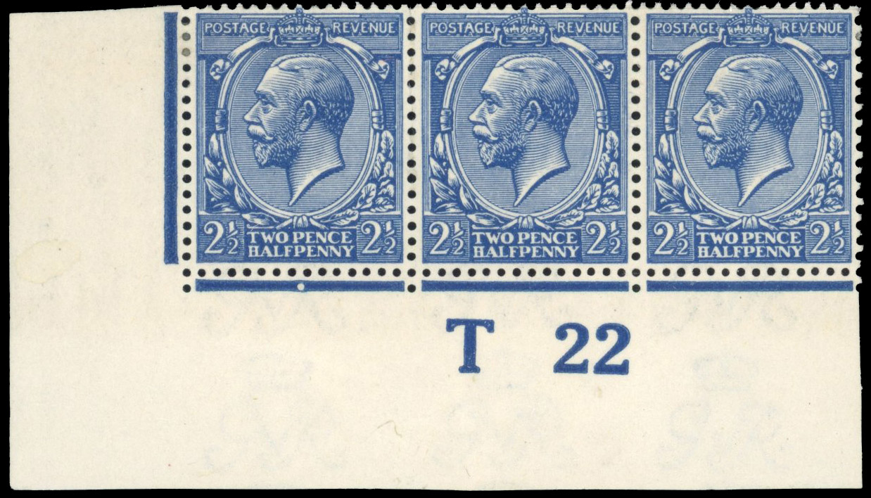 GB 1912-24 Royal Cypher 2½d deep bright blue, mint control T22 strip