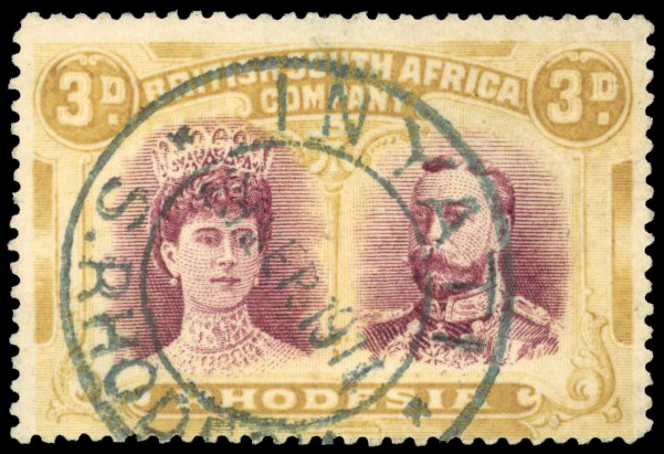 Rhodesia 1910-13 3d brown-purple and ochre perf 15