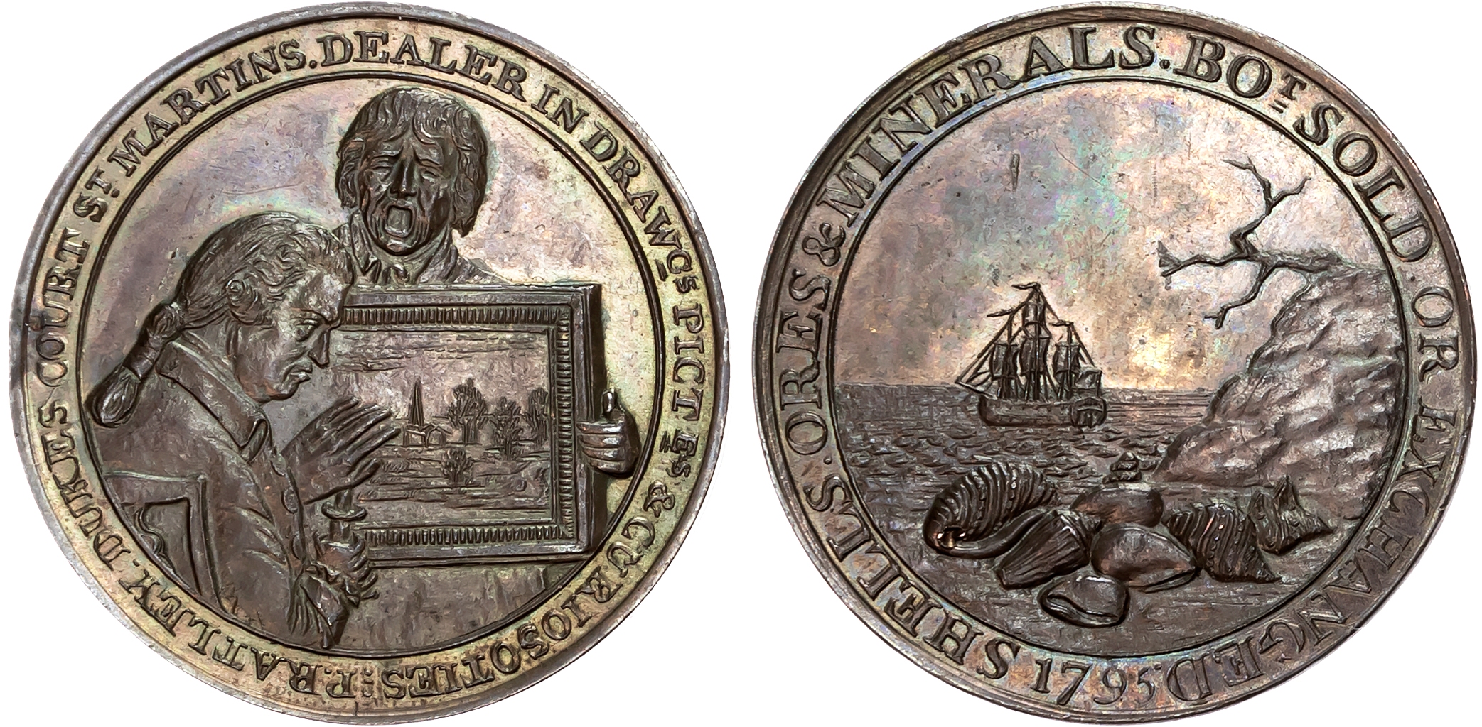 London , St. Martin’s Lane, Philip Ratley Halfpenny 1795, Connoisseur seated examining picture, rev . Sea shells on shor …