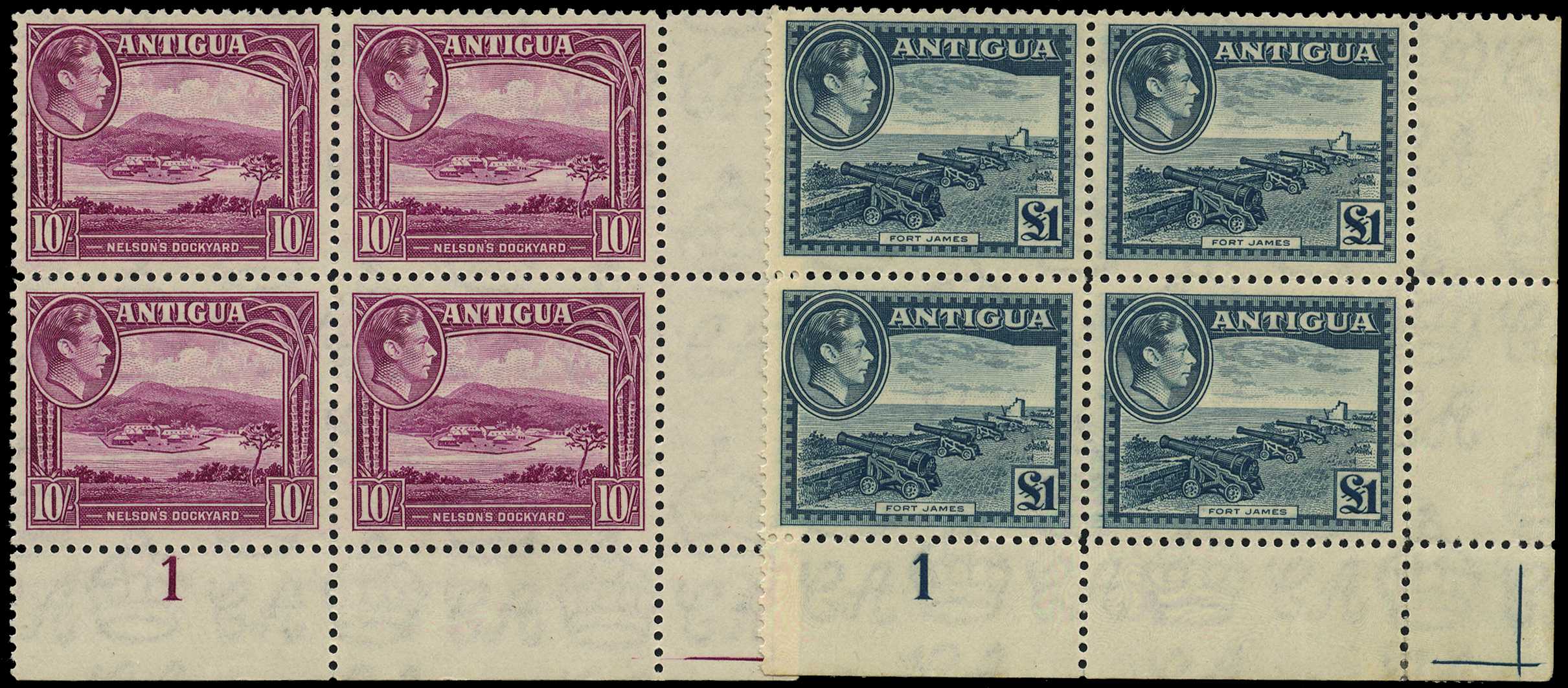1948 10/- magenta and £1 slate-green lower...