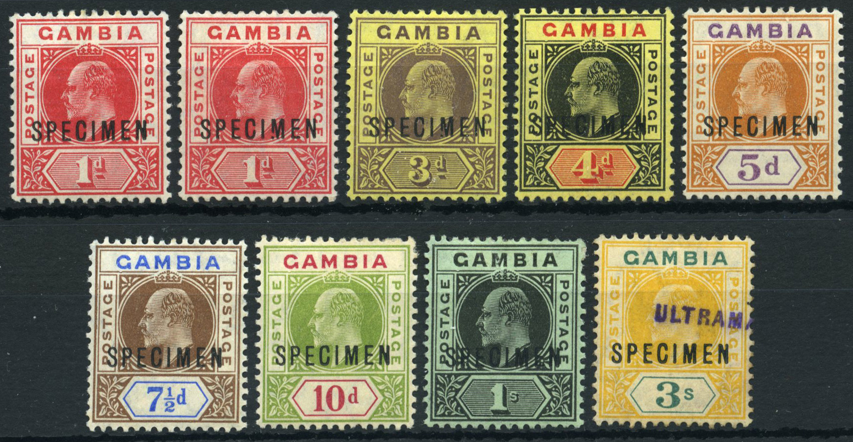 1909 colour changes selection overprinted SPECIMEN Type D12, part or large part o.g.  1d x 2, one with #41 variety broken...