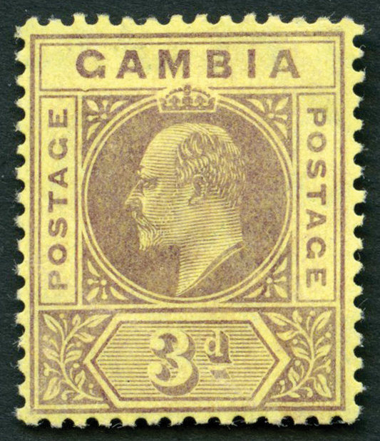 Gambia 1909 3d purple on yellow paper mint with dented frame, SG 75b