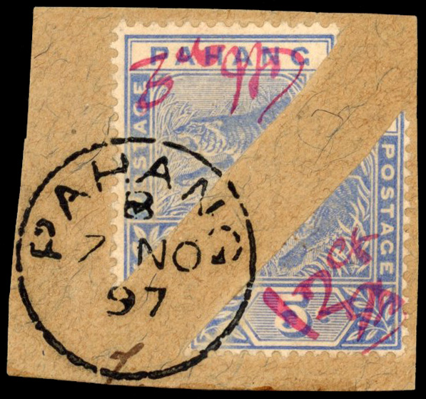 Malaya Pahang SG 18, 18d 1897 2c and 3c on half 5c blue manuscript provisionals used on piece