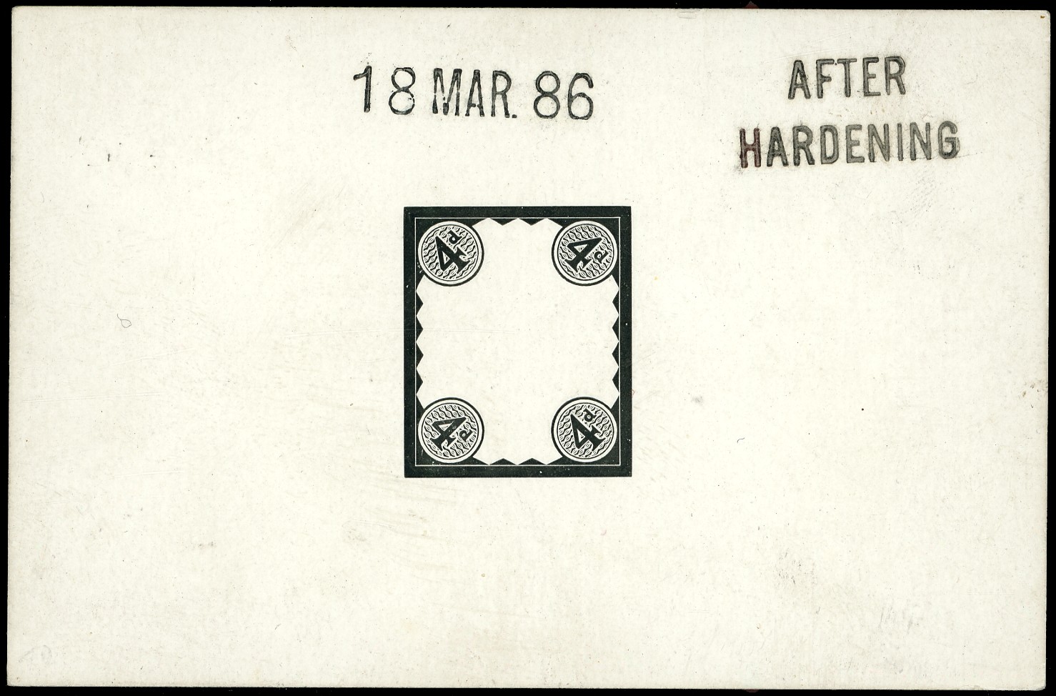 1887 Jubilee 4d die proof of frame plate in black on thick glazed...