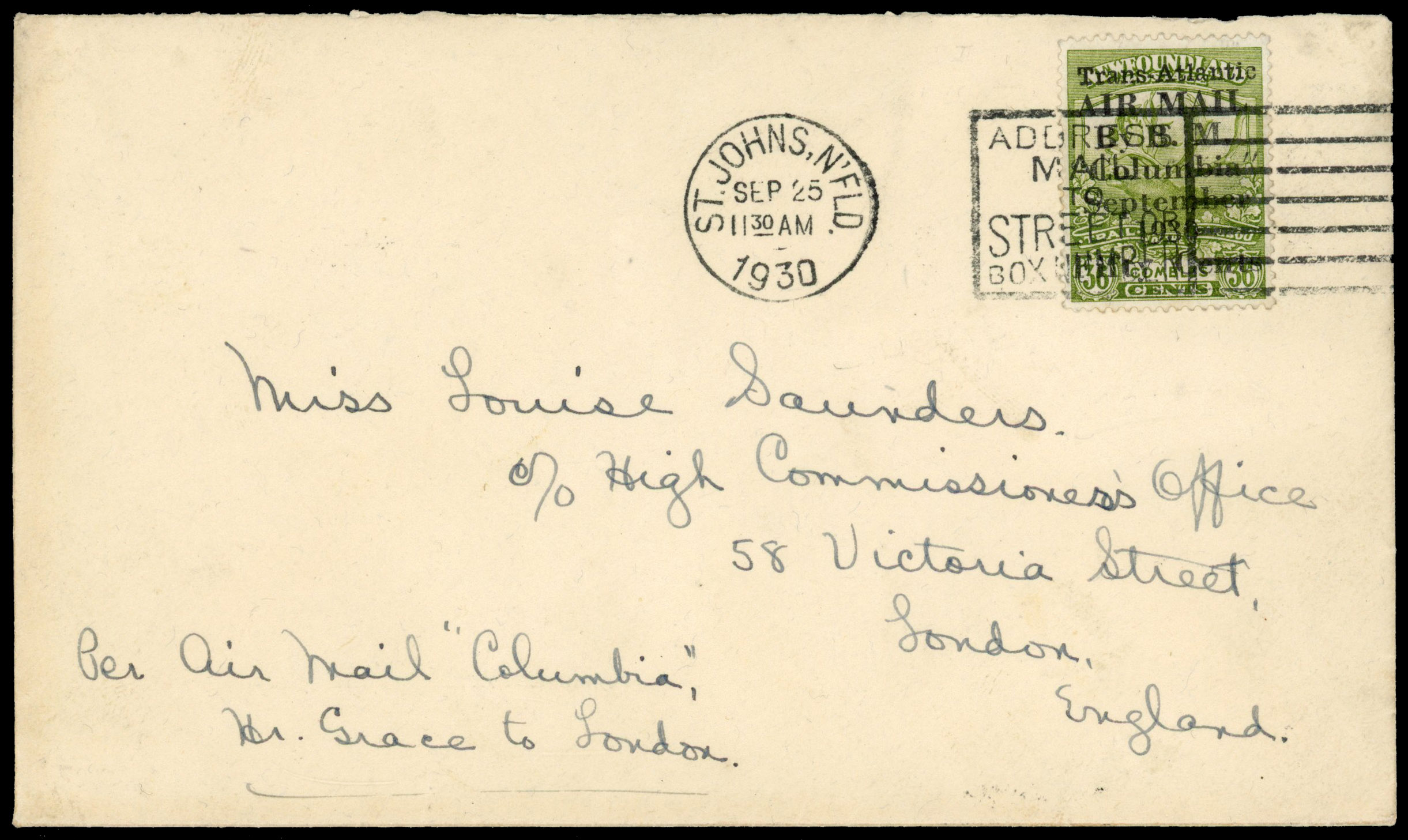 Newfoundland 1930 flown cover with 50c on 36c Columbia