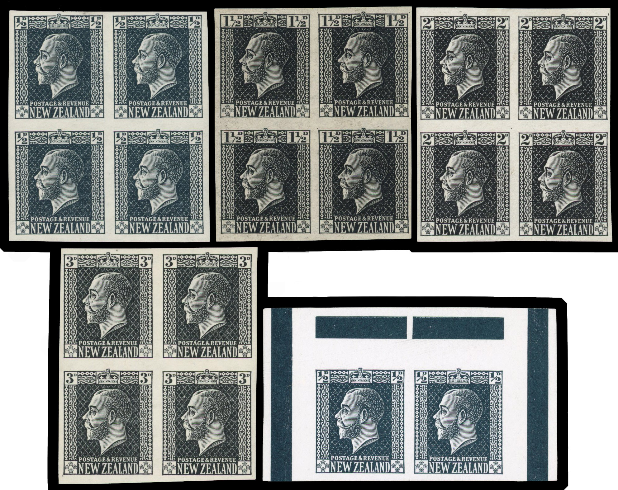 New Zealand 1915-33 ½d to 3d plate proof