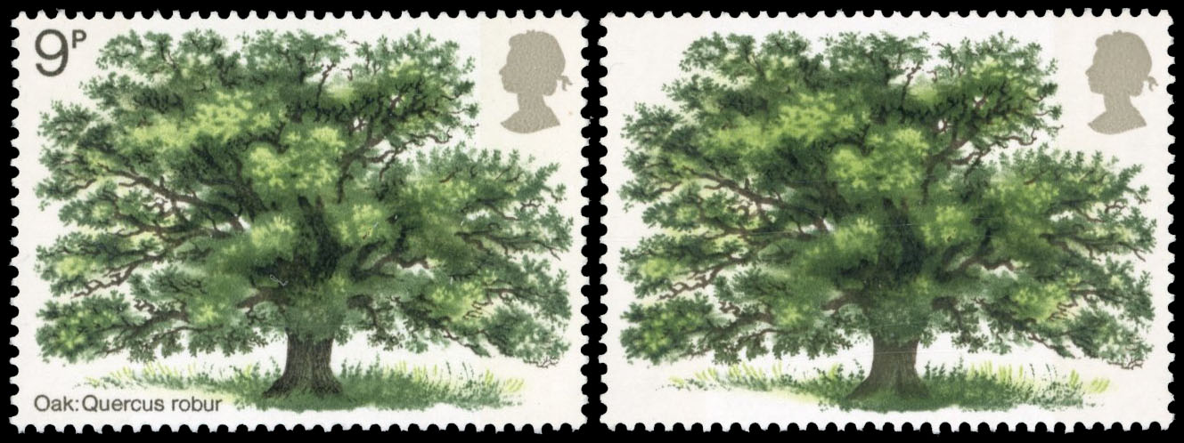 GB 1973 Oak 9p mint with brownish black omitted