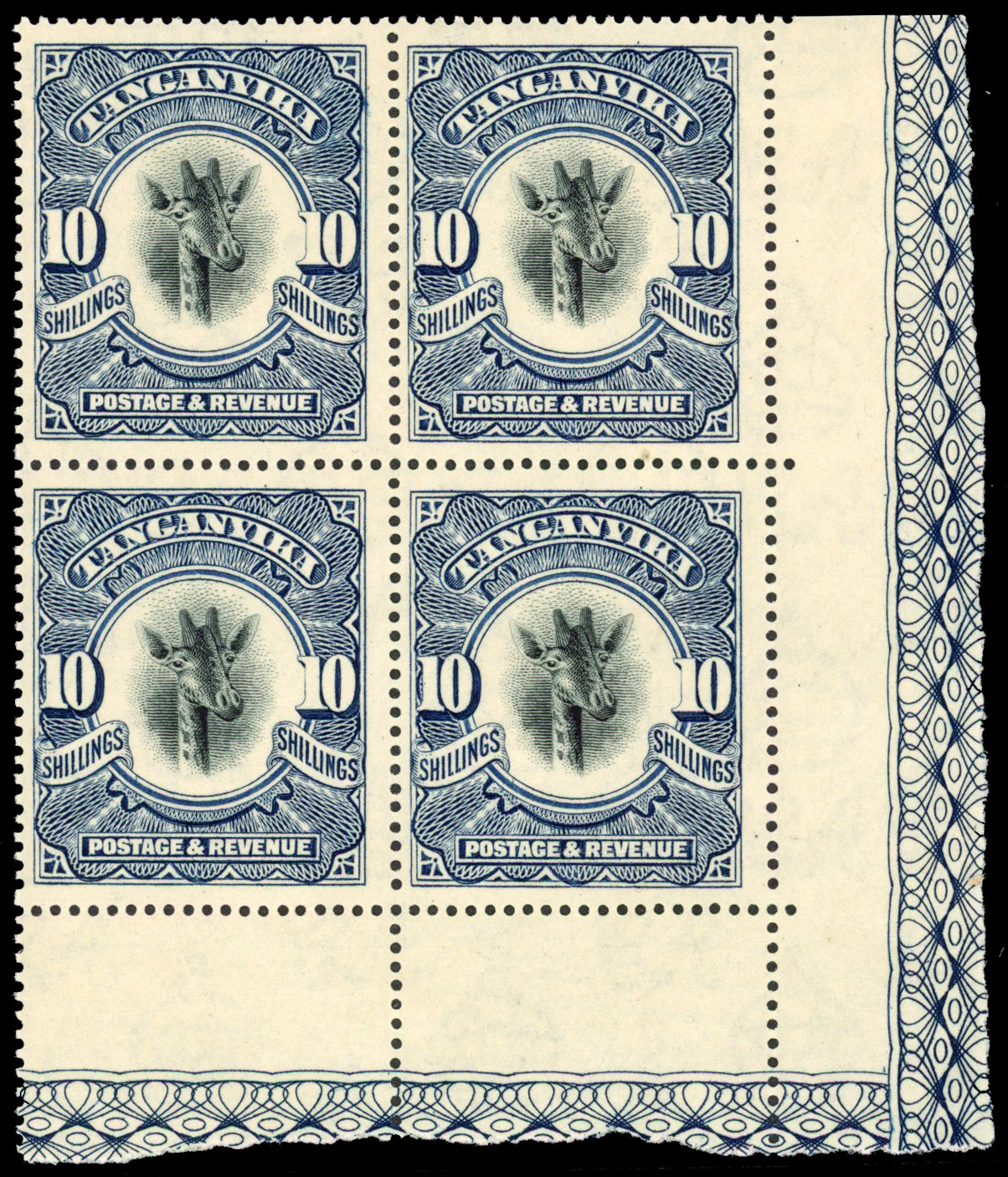Tanganyika 1922-24 10s wmk upright block of 4