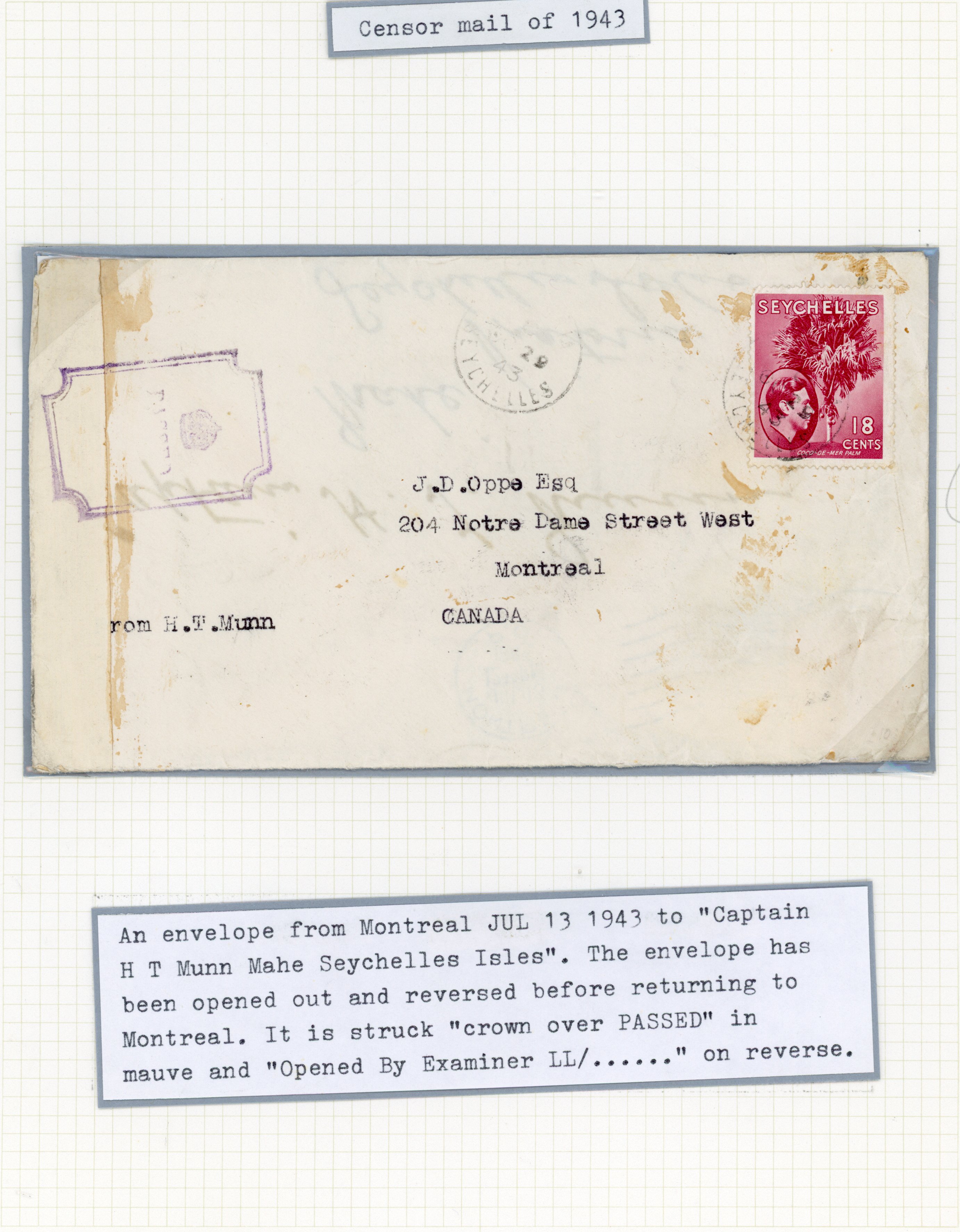 Seychelles 1943 Censor and diplomatic mail