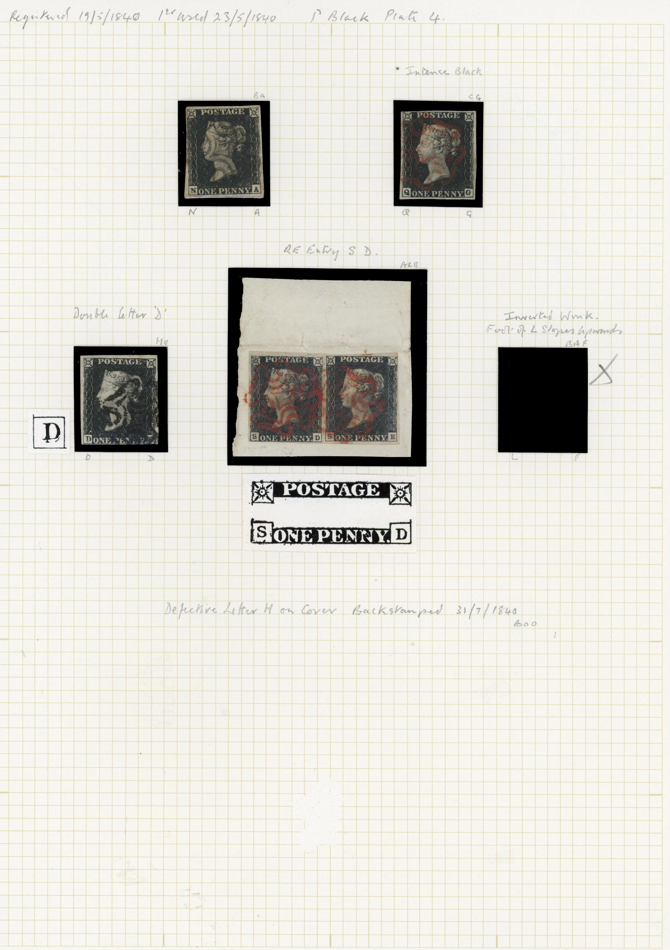 1840 1d Black Pl.4. Used group of five penny blacks