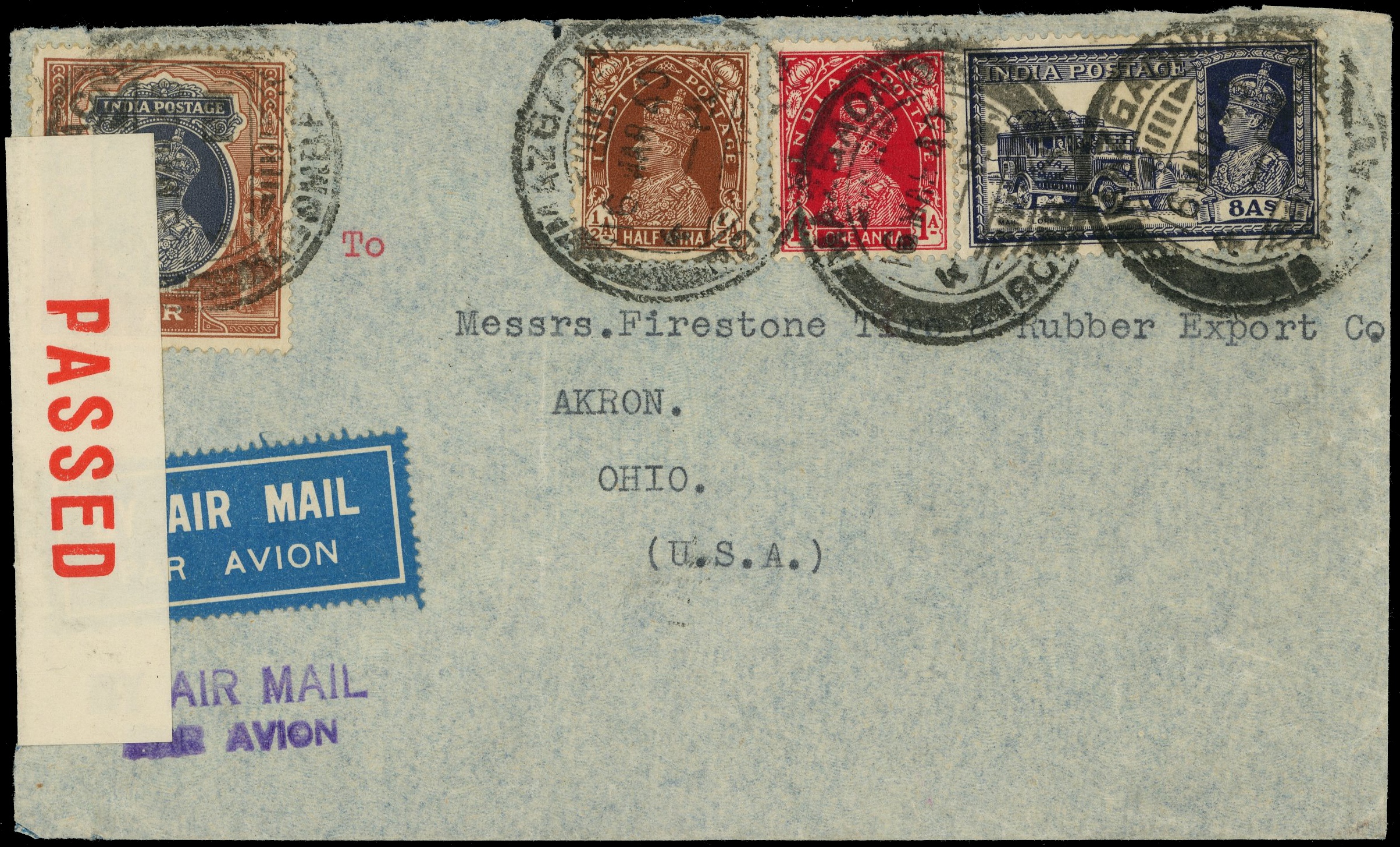 BAHRAIN: 1940 cover Bombay to USA, with ½a, 1a, 8a and 1r tied Bombay cds ‘16/MAR 40’ and at left white ‘PASSED BY CENSOR 