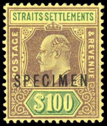 Malaya Straits Settlements SG 122s 1902-3 $100 Specimen