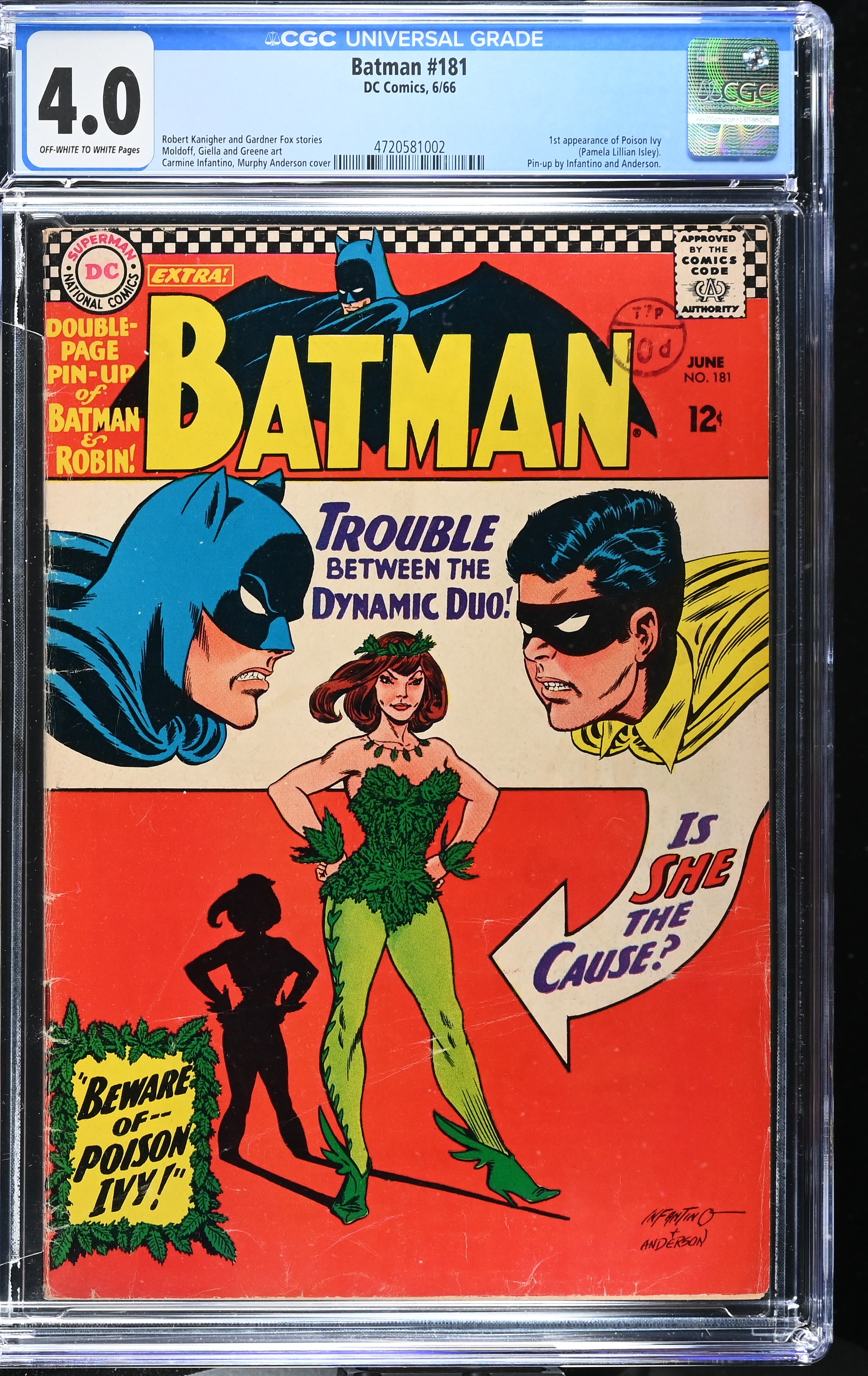 Batman #181 CGC 4.0 1st Appearance of Poison Ivy With Pin Up Centre Page (DC Comics, 1966) Off-White to White Pages
