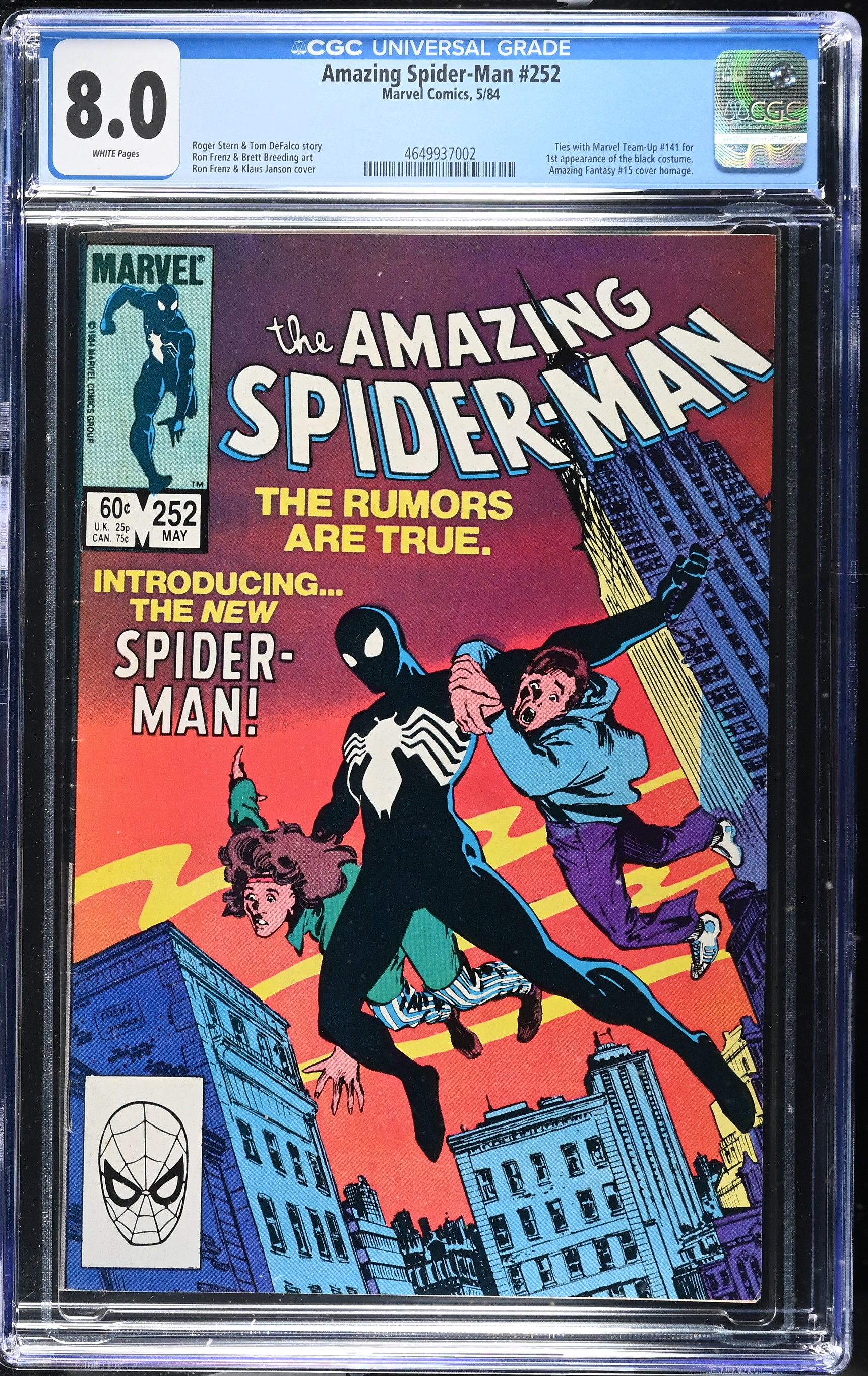 Amazing Spider-Man #252 CGC 8.0 1st Appearance Black Costume (Marvel Comics, 1984) White Pages