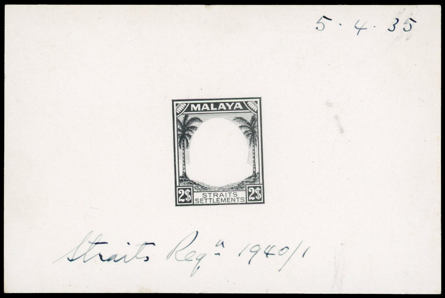 Straits Settlements 1935 $2 essay die proof in black with 2$ value tablets