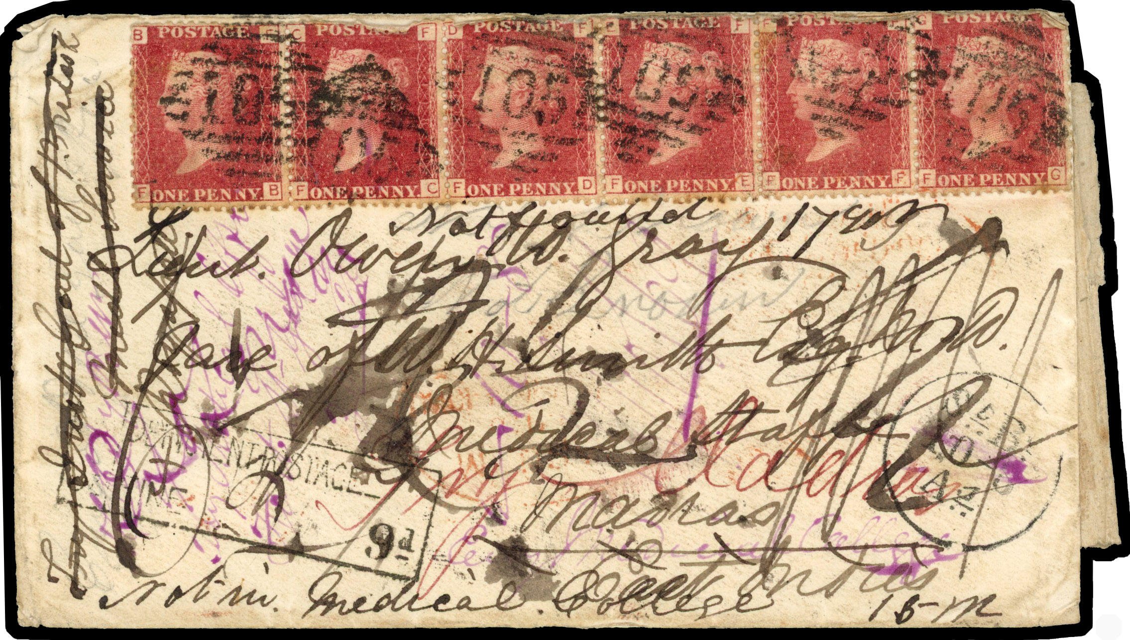 1869 an extremely well travelled envelope from from Carrick-on-Suir, Ireland to Madras, India 