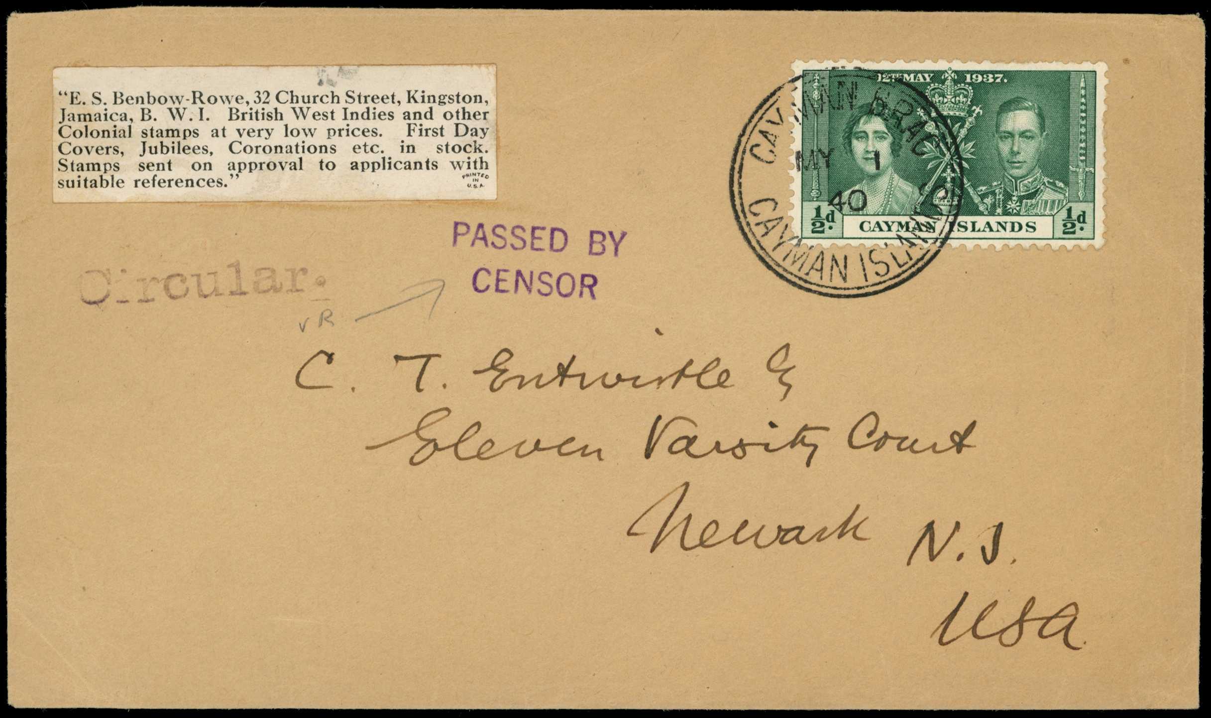 1940 unsealed printed matter rate cover with...