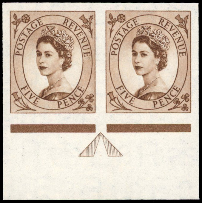 Great Britain 1955 5d Brown, Horizontal Pair, BPMA Imprimatur, SG 547