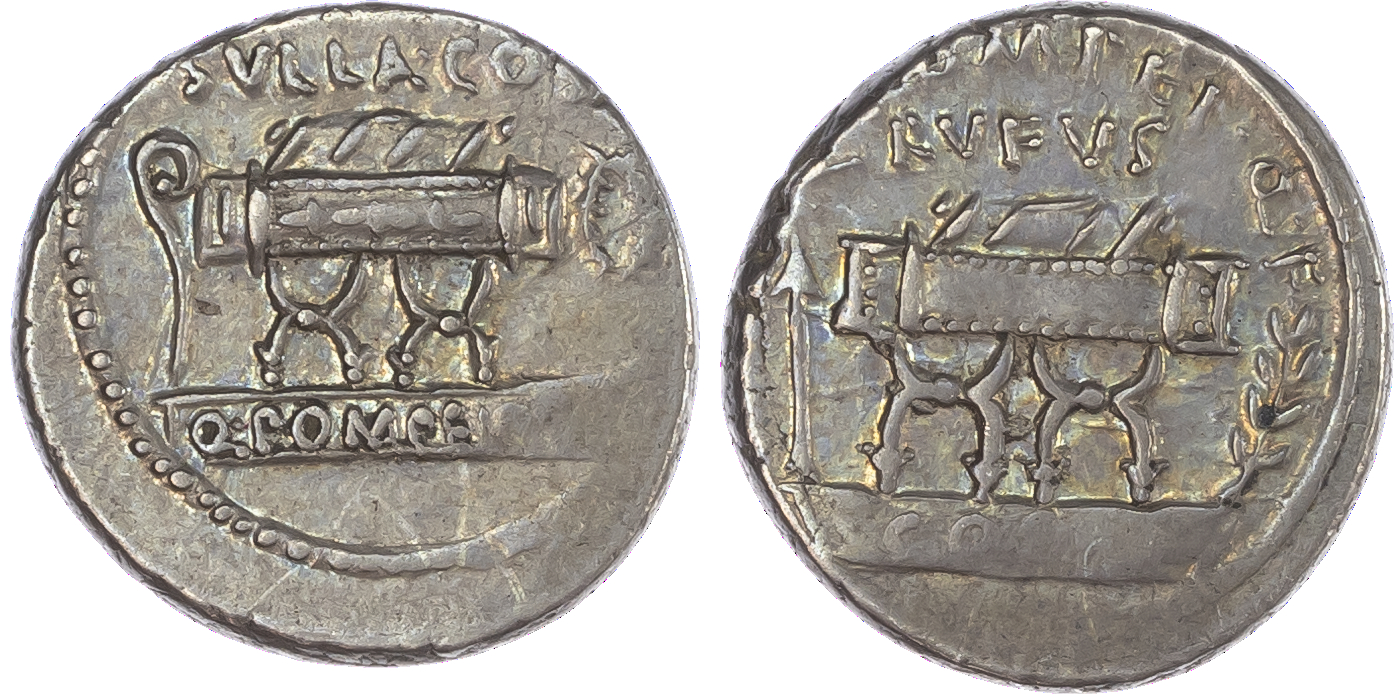 Q. Pompeius Rufus (54 BC) AR Denarius, mint of Rome, 4.12g. Q•POMPEI•Q•F / RVFVS, curule chair, laurel branch to right,