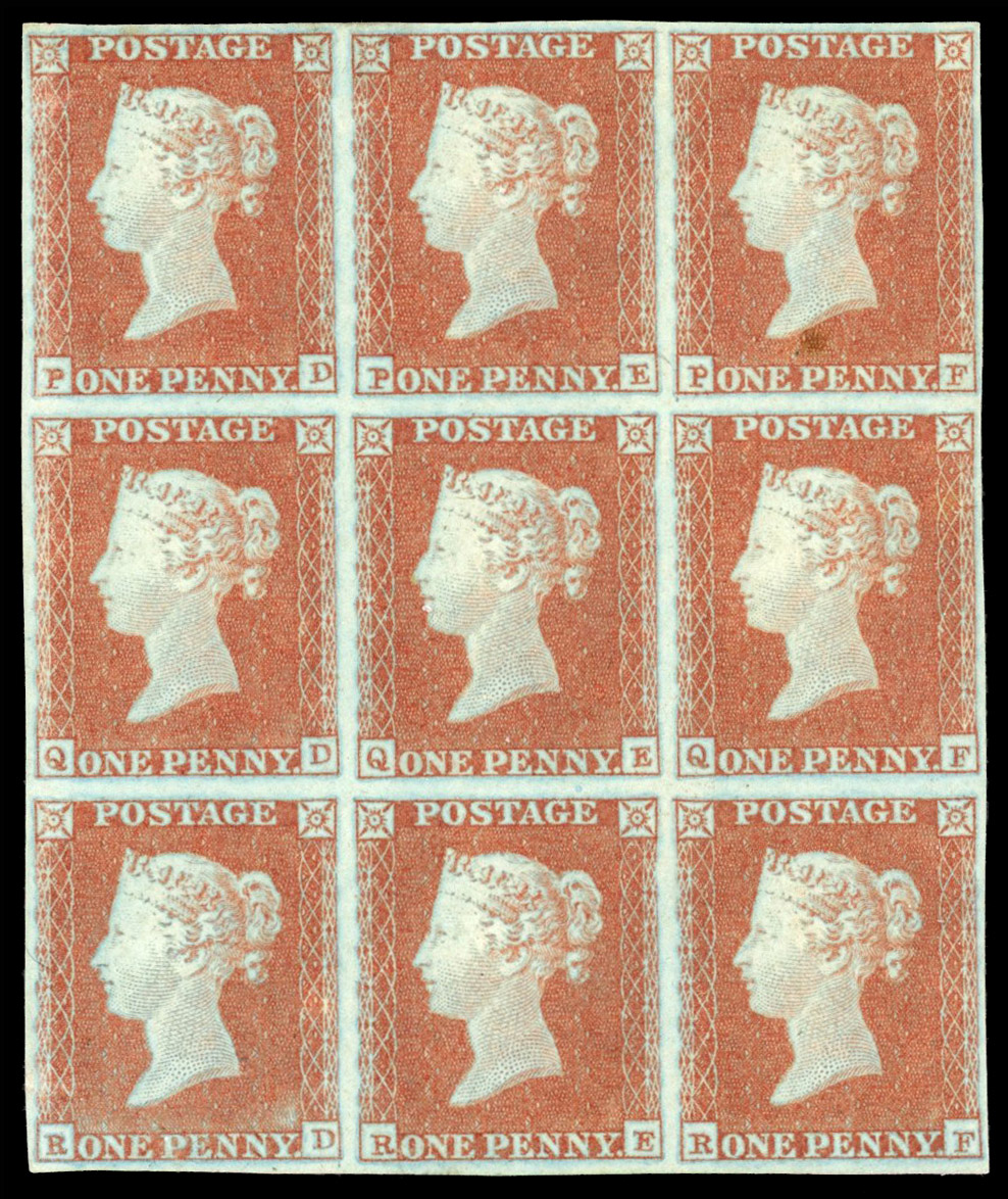 SG 8 1841 1d red-brown Plate 110 block of nine mint