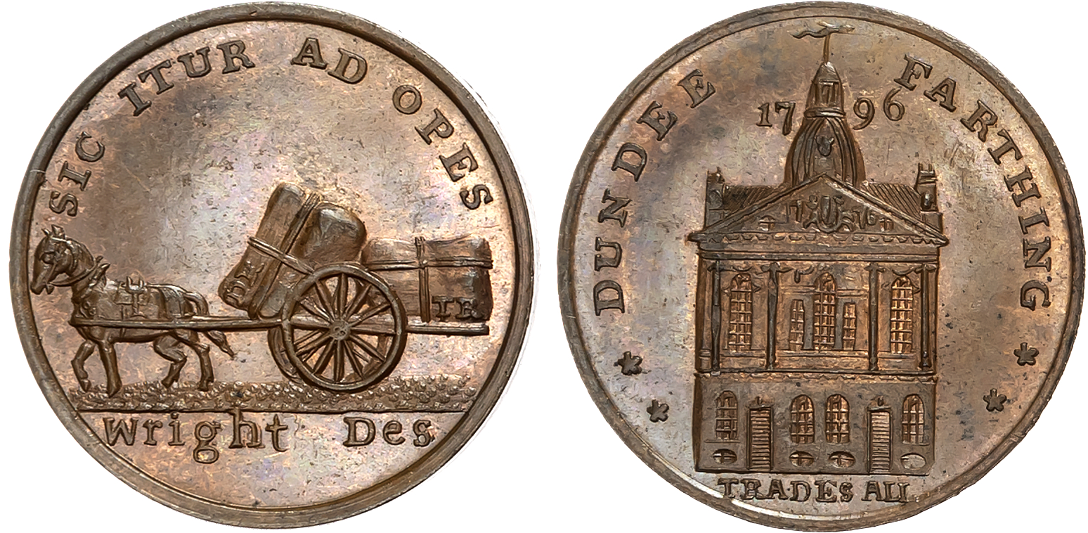 Angus . Dundee, Wright’s Farthing 1796, Horse drawn cart carrying bales marked DR and TR, rev. Portico and spire of the  …