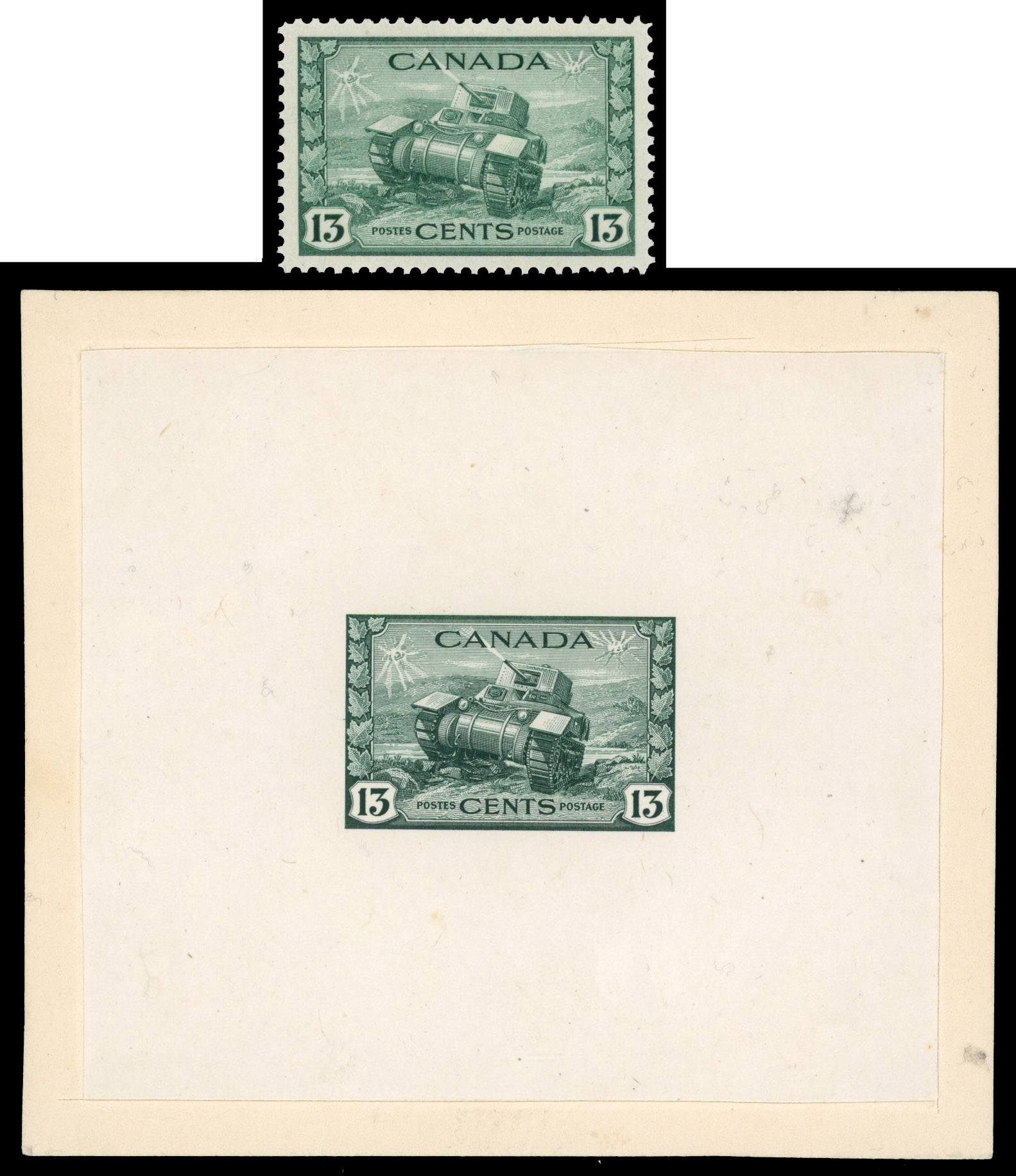 (Consolidated into R2000767/18) Canada 1943-43 KGVI War Issues 13c large unhardened die proof in green
