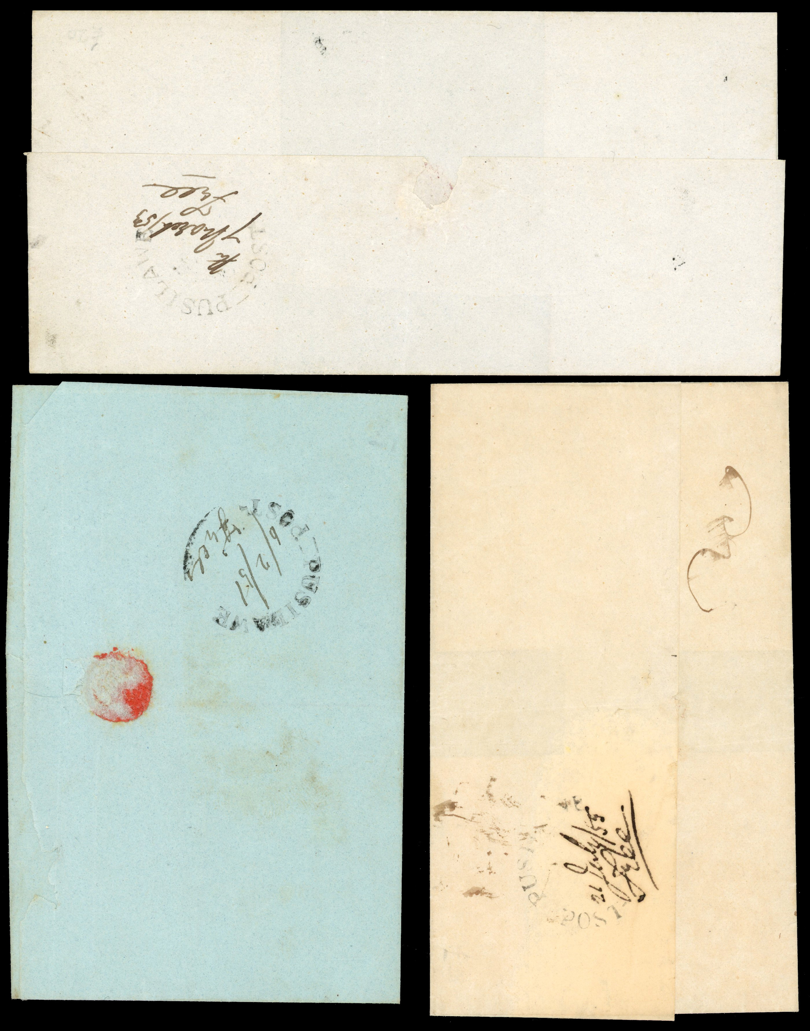 CEYLON 1851-55 three OHMS outer letter sheets Post Pusilawe datestamps, manuscript 'free'