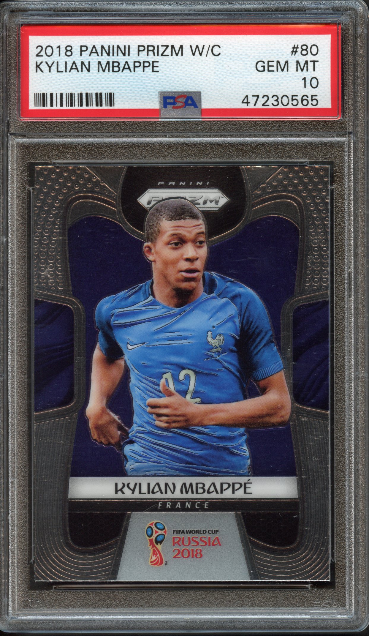 <p>PSA 10 2018 Kylian Mbappé Panini Prizm W/C Base Card</p>