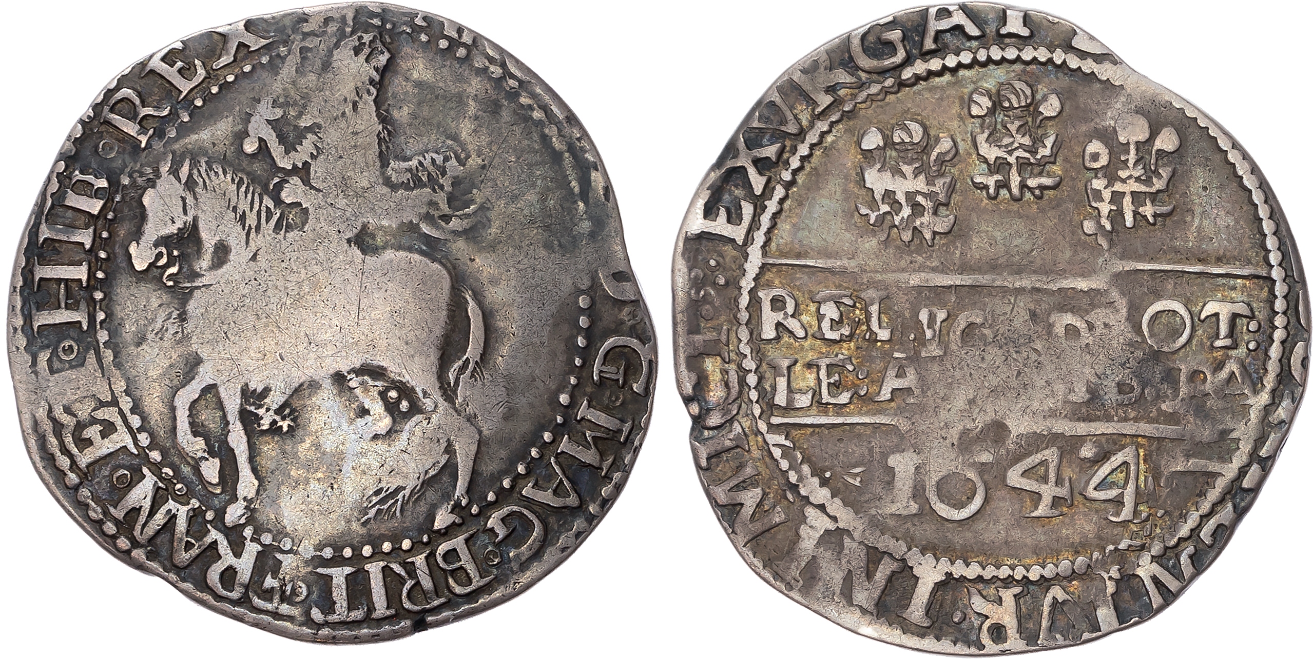 Charles I (1625-1649), AR Halfcrown 1644/3, Worcester mint, mm. Castle on obv. only, W below horseman (almost invisible)…