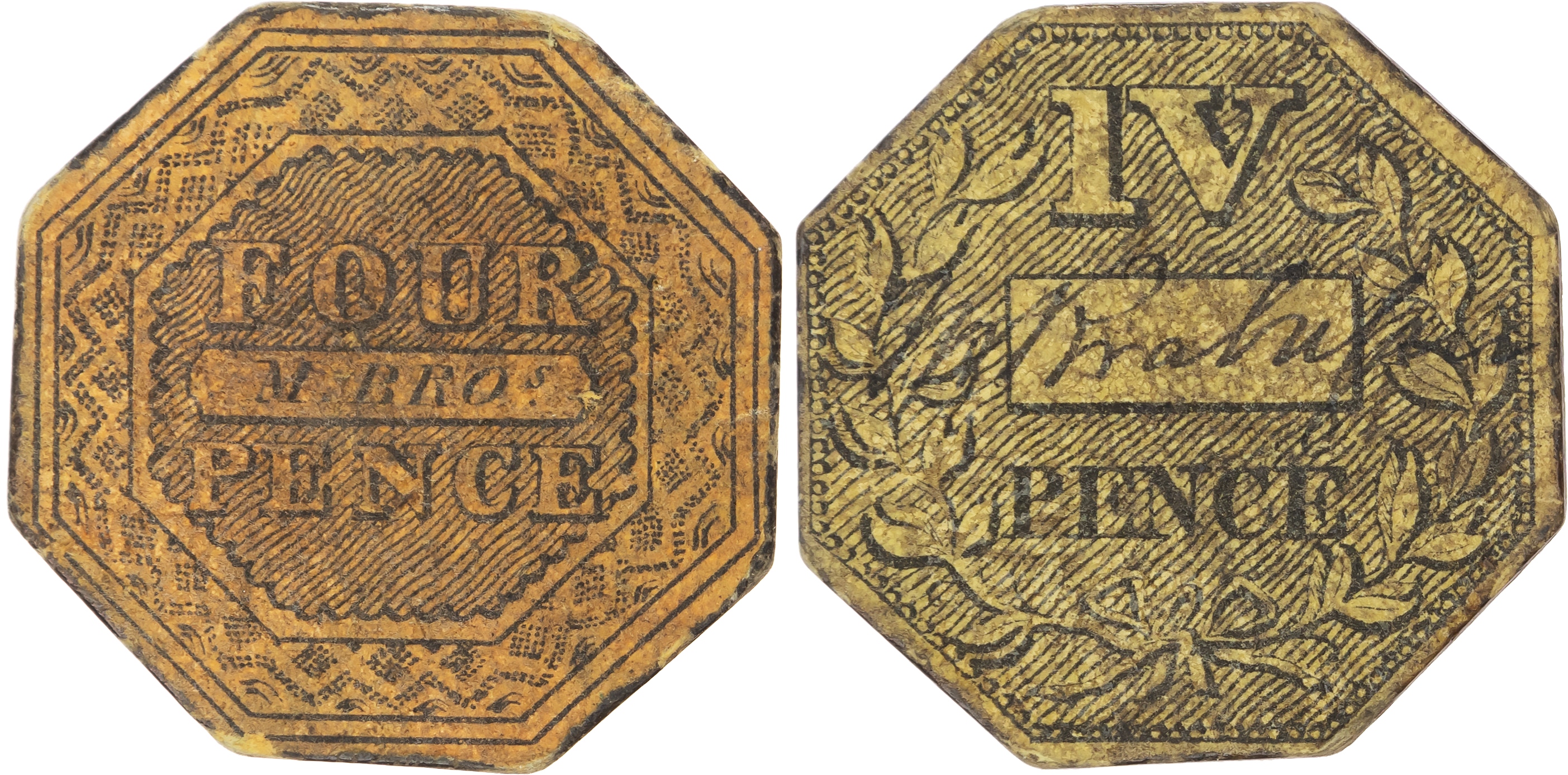 PORTLAW, Co. Wat, Malcomson Brothers, Mayfield Factory, octagonal, yellow card token of four pence, (1854), M …