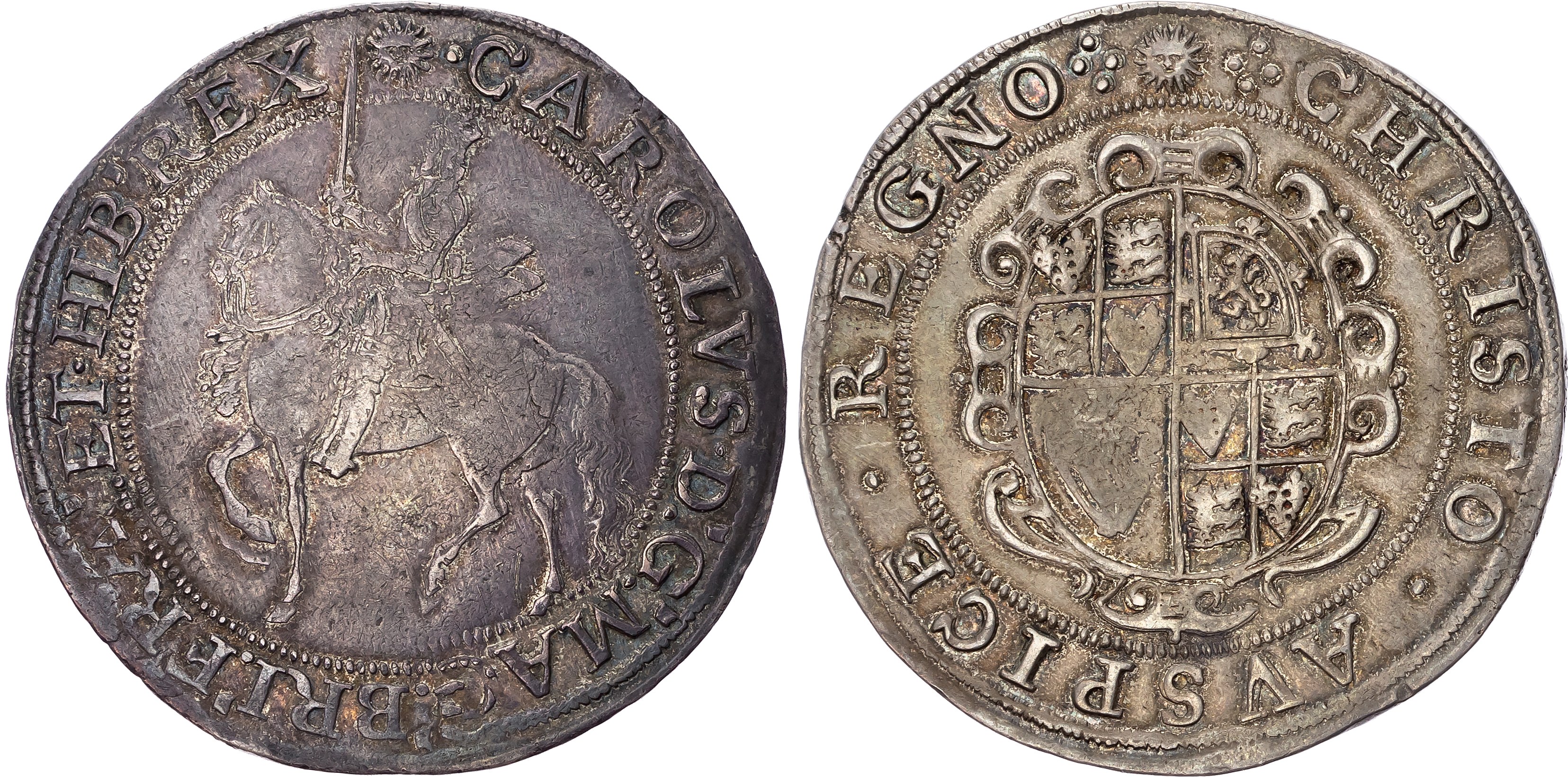 Charles I (1625-1649) Crown, Tower mint under Parliament, group V, type 5, mintmark sun (1645-46). The King on horseback…