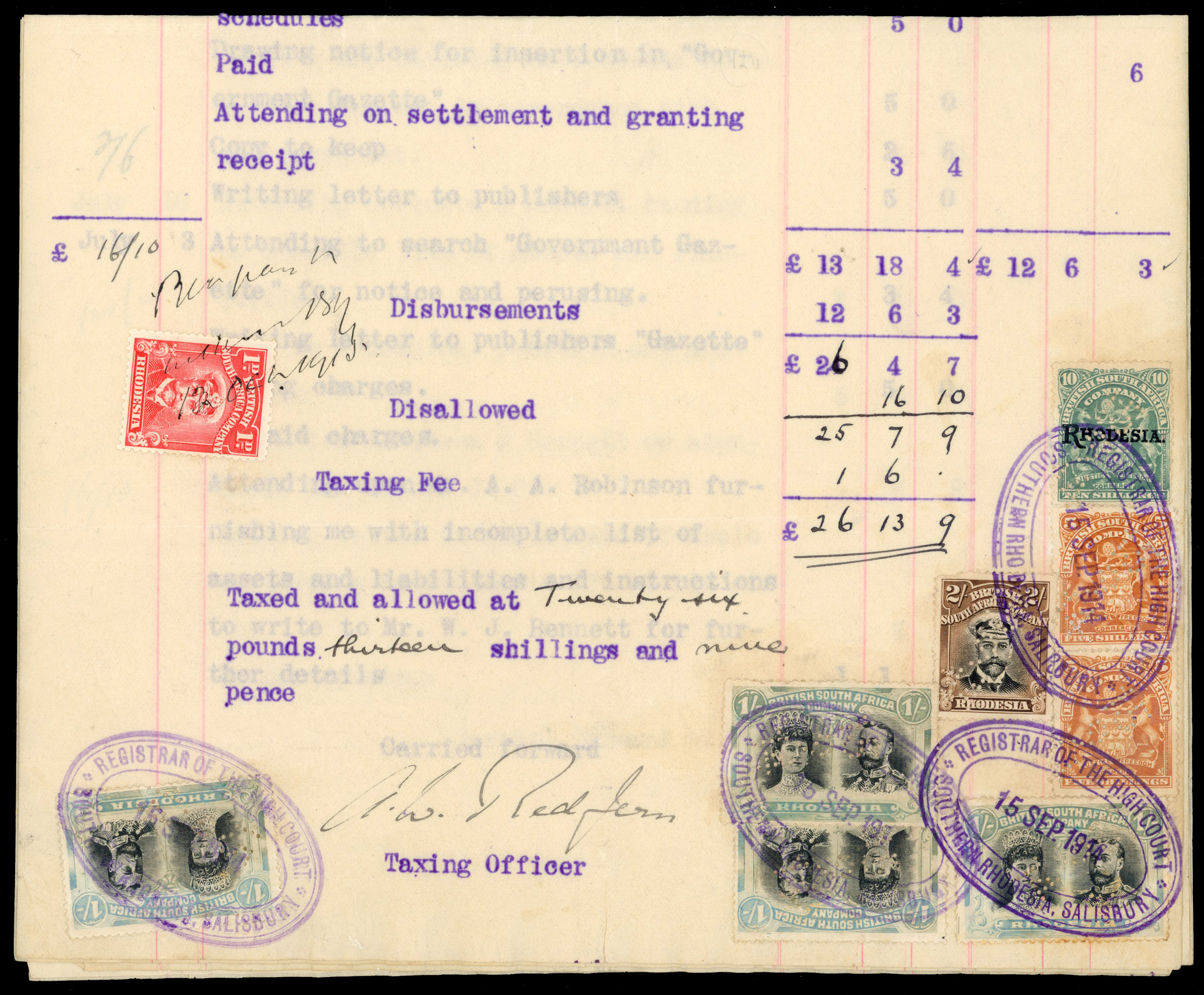 Rhodesia 1914 Insolvency Accounting document with £1/6/- franking