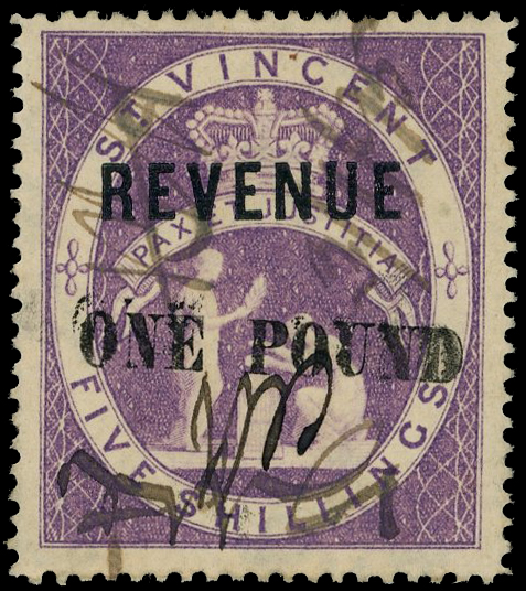 St Vincent Revenue 1882-85 ‘ONE POUND’ on 5s lilac (22mm surcharge)