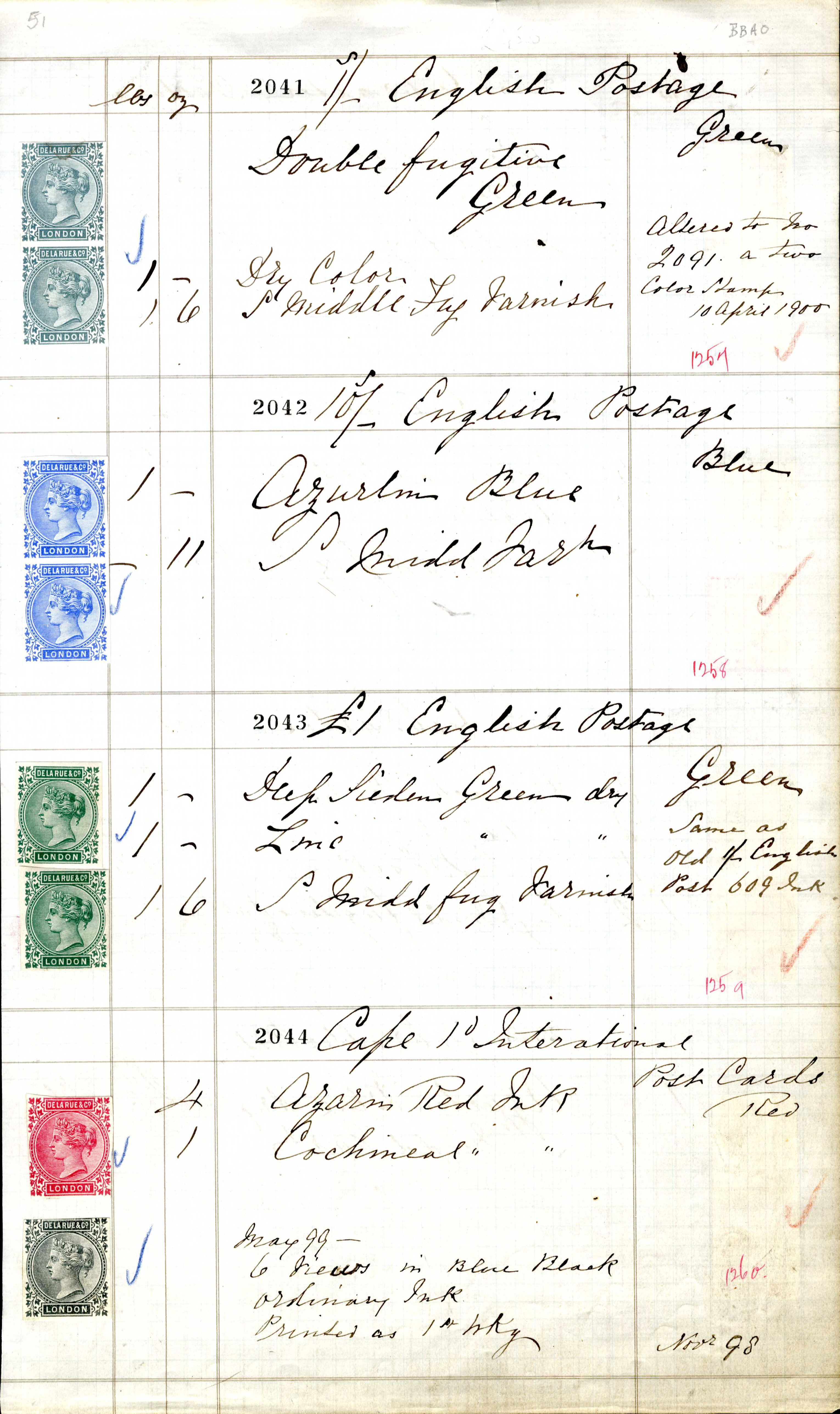 c.1890 De La Rue Ink Recipes pages for 1s (SG211), 10s (SG183) & £1 (SG212)