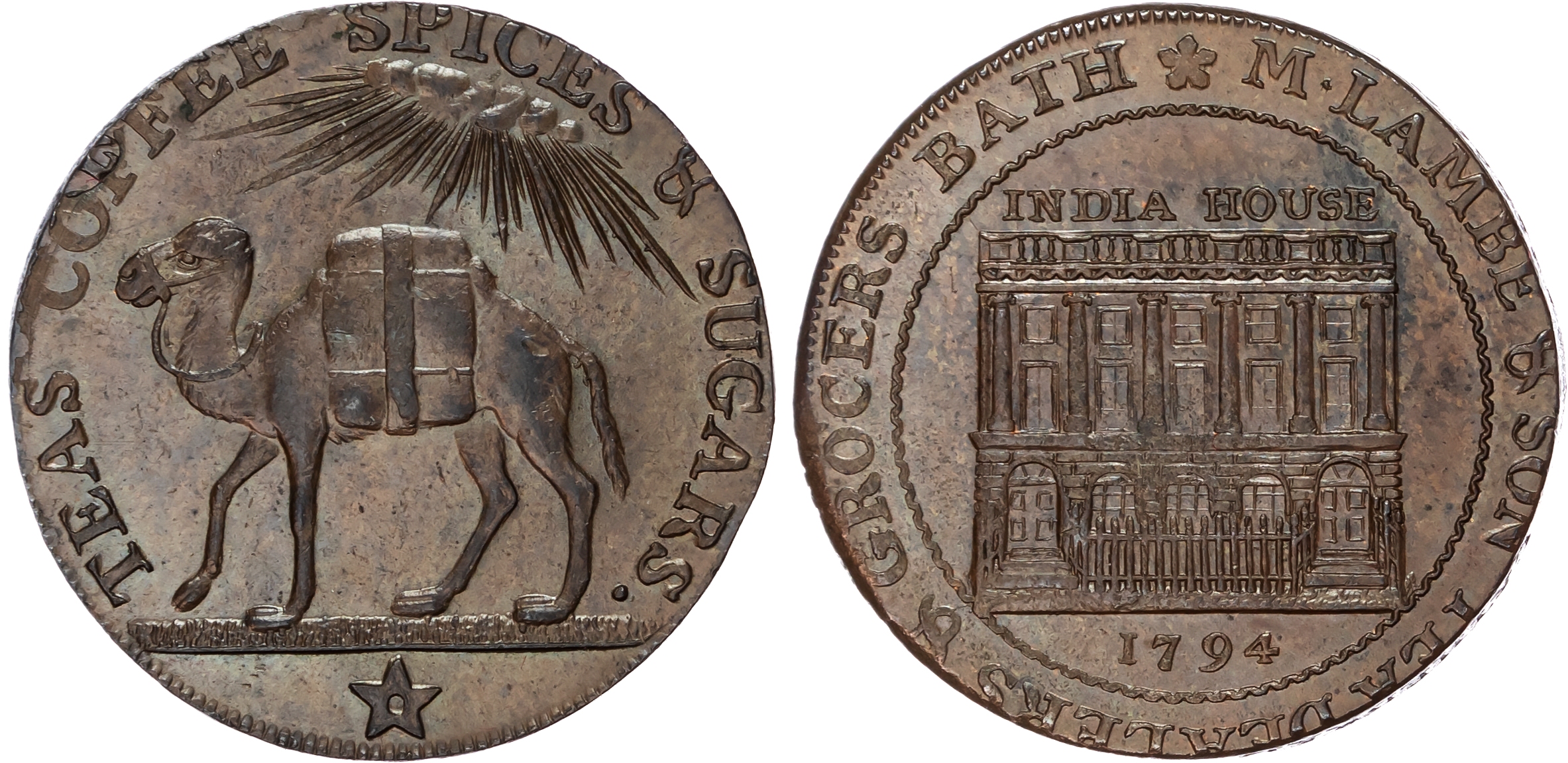 Som. Bath , Mary Lambe & Son (tea and coffee dealers) Halfpenny 1794, View of India House, rev. Camel standing…