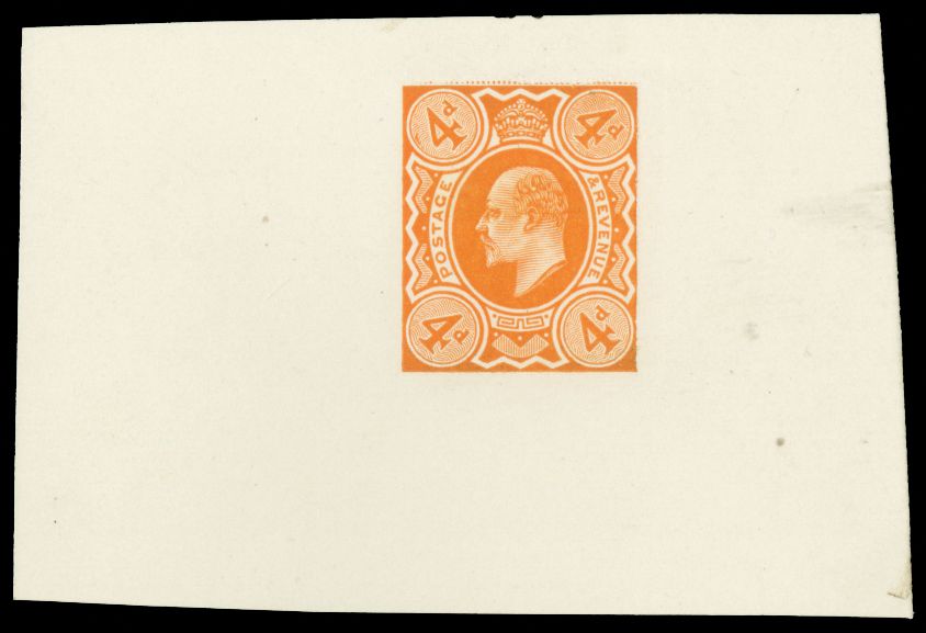 1911 4d Colour trial. Very fine imperforate example printed in orange on ungummed unwatermarked paper, produced at Somerset...