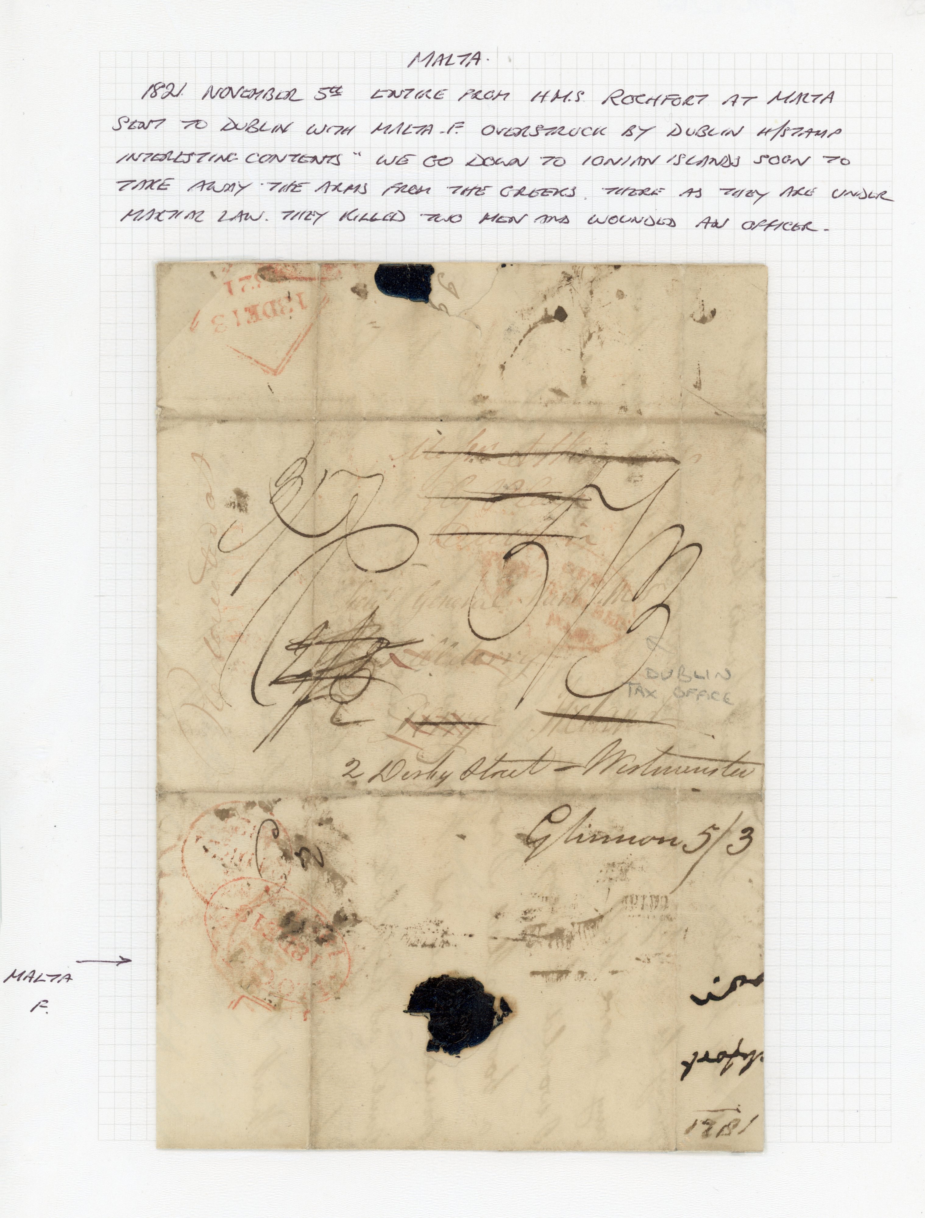 Malta 1821 and 1823 re-addressed entire letters abord H.M.S. Rochfort