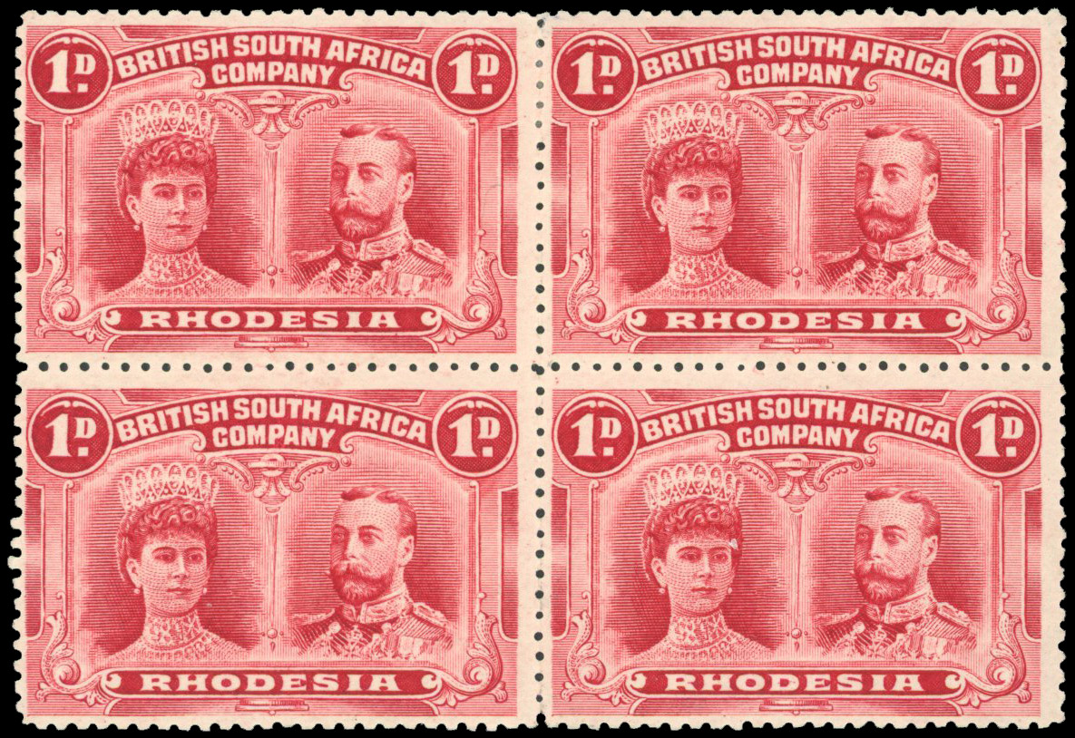 Rhodesia 1910-13 1d carmine-lake perf 14 block of 4