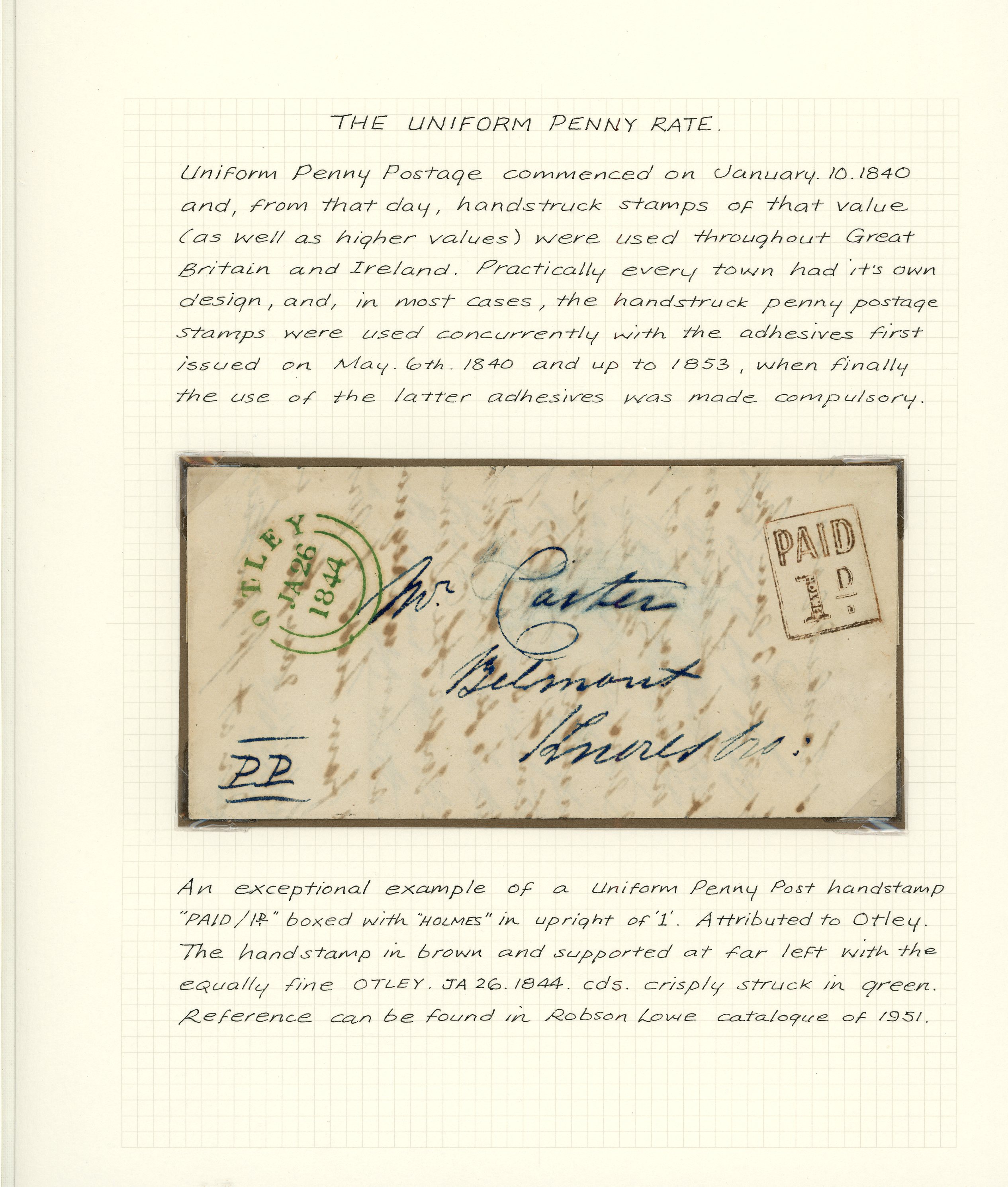 1844 Uniform Penny Post. Very fine entire from Otley to Knaresborough