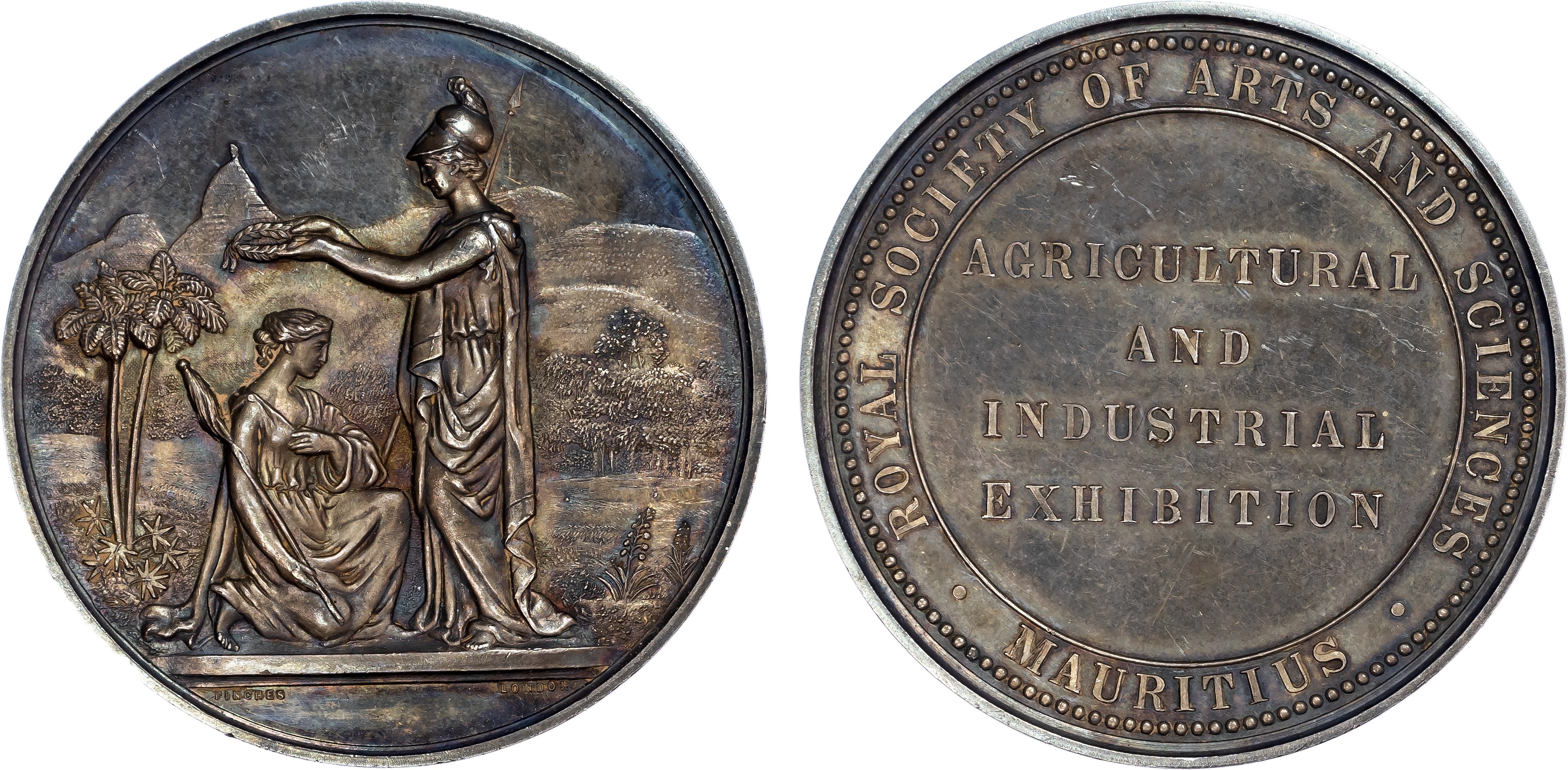 Mauritius, Royal Society of Arts and Sciences Agricultural and Industrial Exhibition silver prize medal, c. 1870 ….