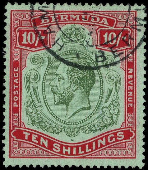 BERMUDA: 1918 10s green and carmine on pale bluish green, fine used SG...