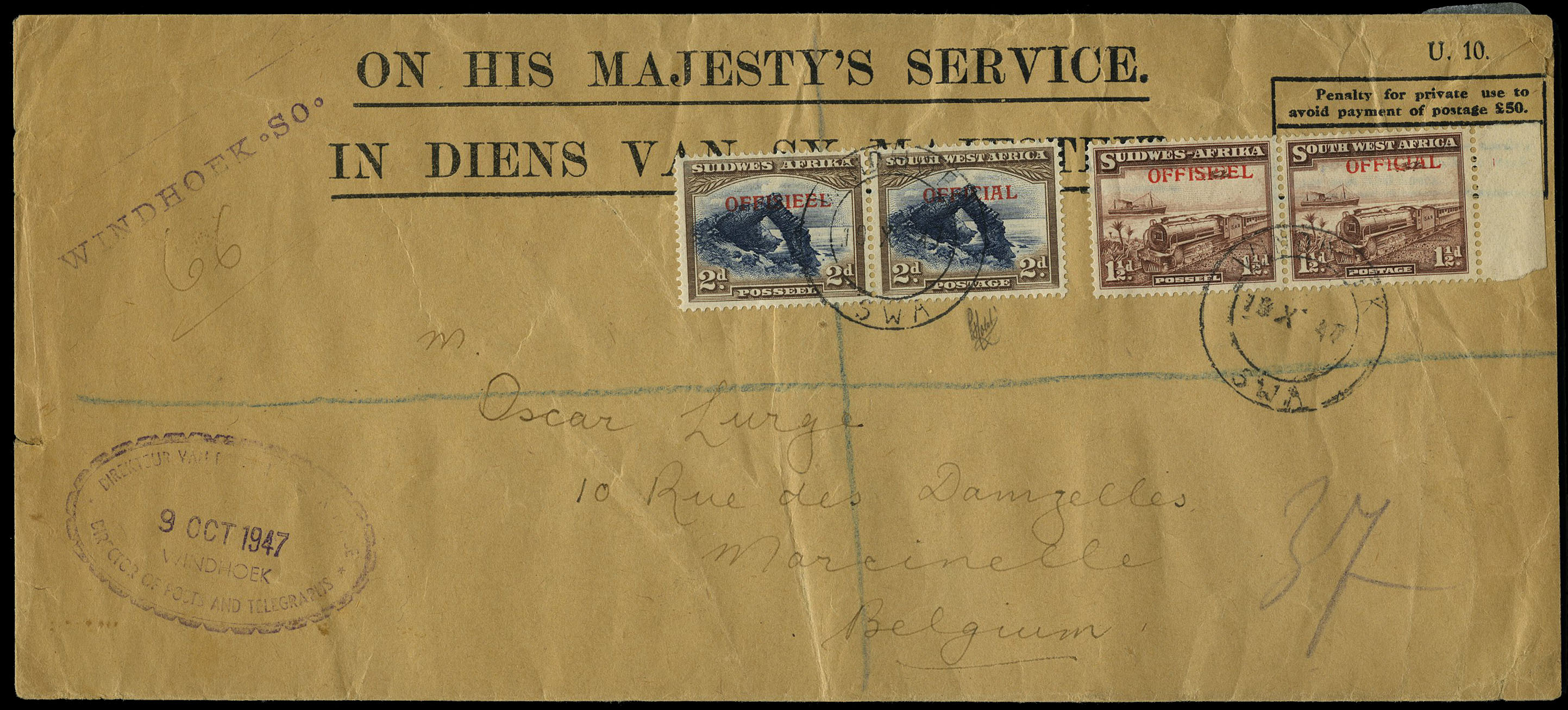 POSTAL HISTORY: 1947 OHMS cover to Belgium...