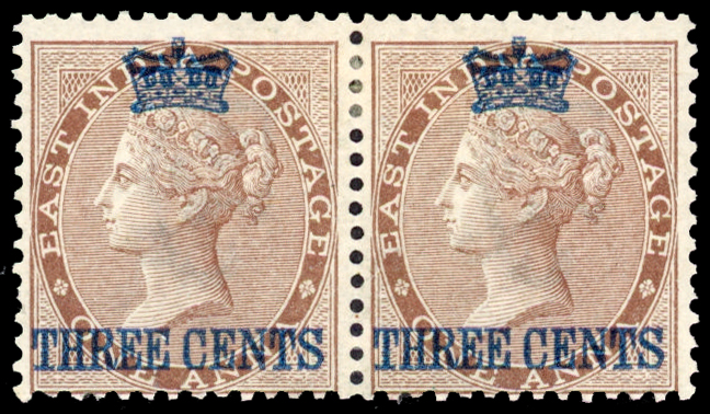 Straits Settlements SG 3 1867 (1 Sep) 3c on 1a brown horizontal pair