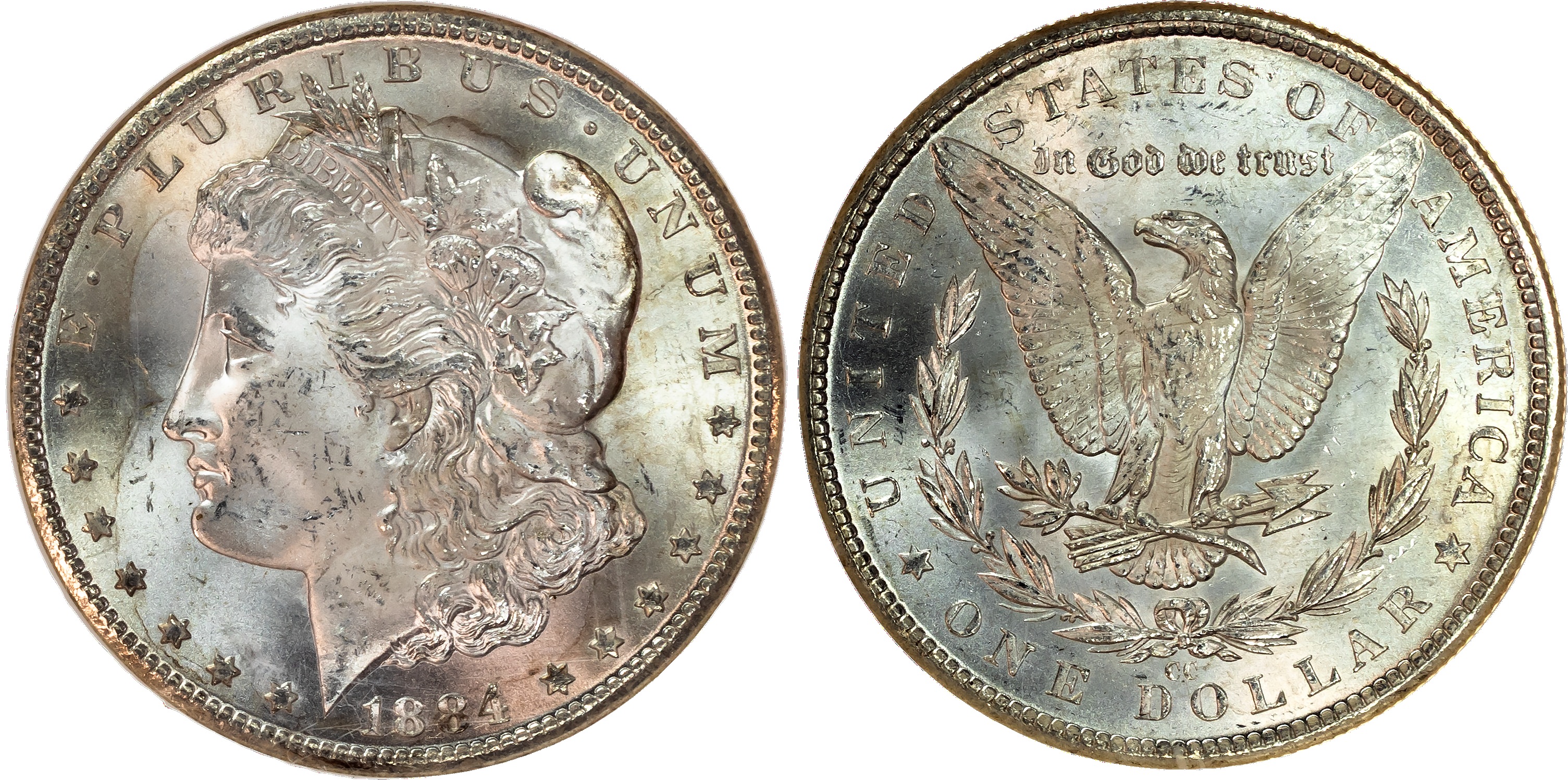 USA , silver Morgan Dollar, 1884, Carson City (KM 110). In NGC holder graded MS 64 (691738-018).…