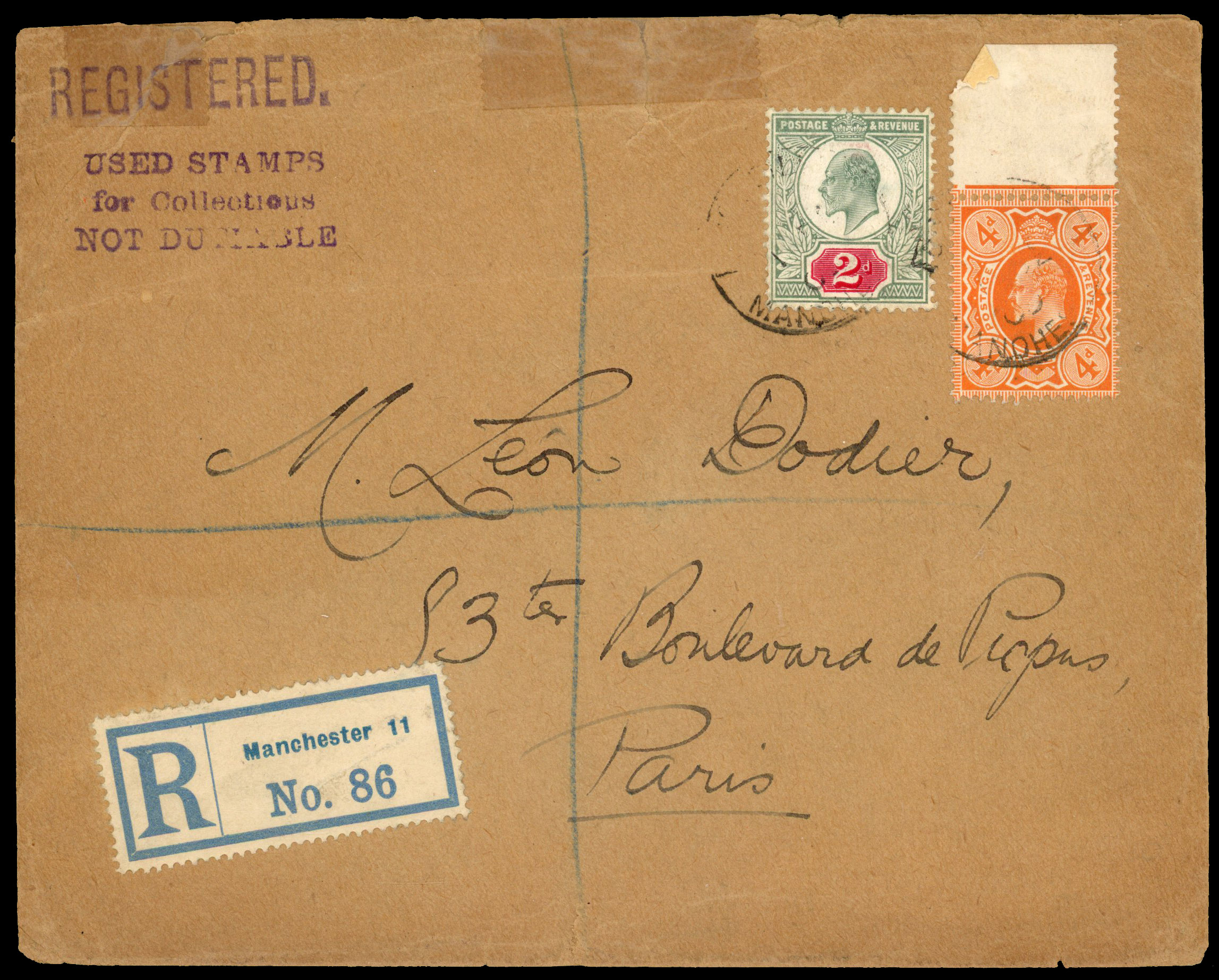 1909 4d Orange-red (Perf. 14) first day of issue on cover to Paris