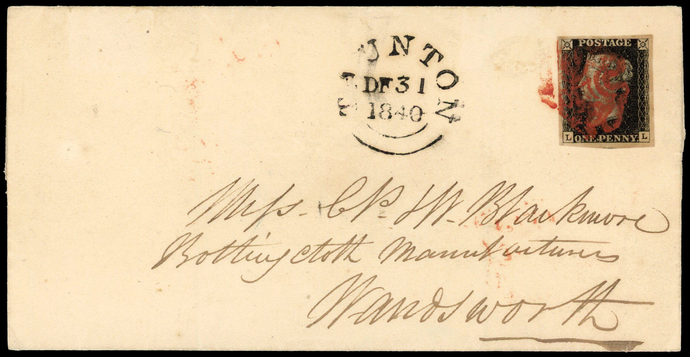 1840 1d black Plate 9 on cover from Taunton to Wandsworth