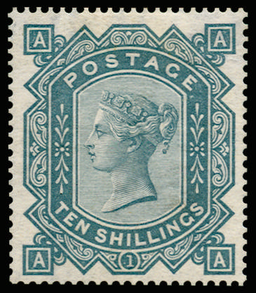 Great Britain 1878 10s Colour trial (Perf 14). Very fine unused perforated example lettered AA printed in grey-blu…